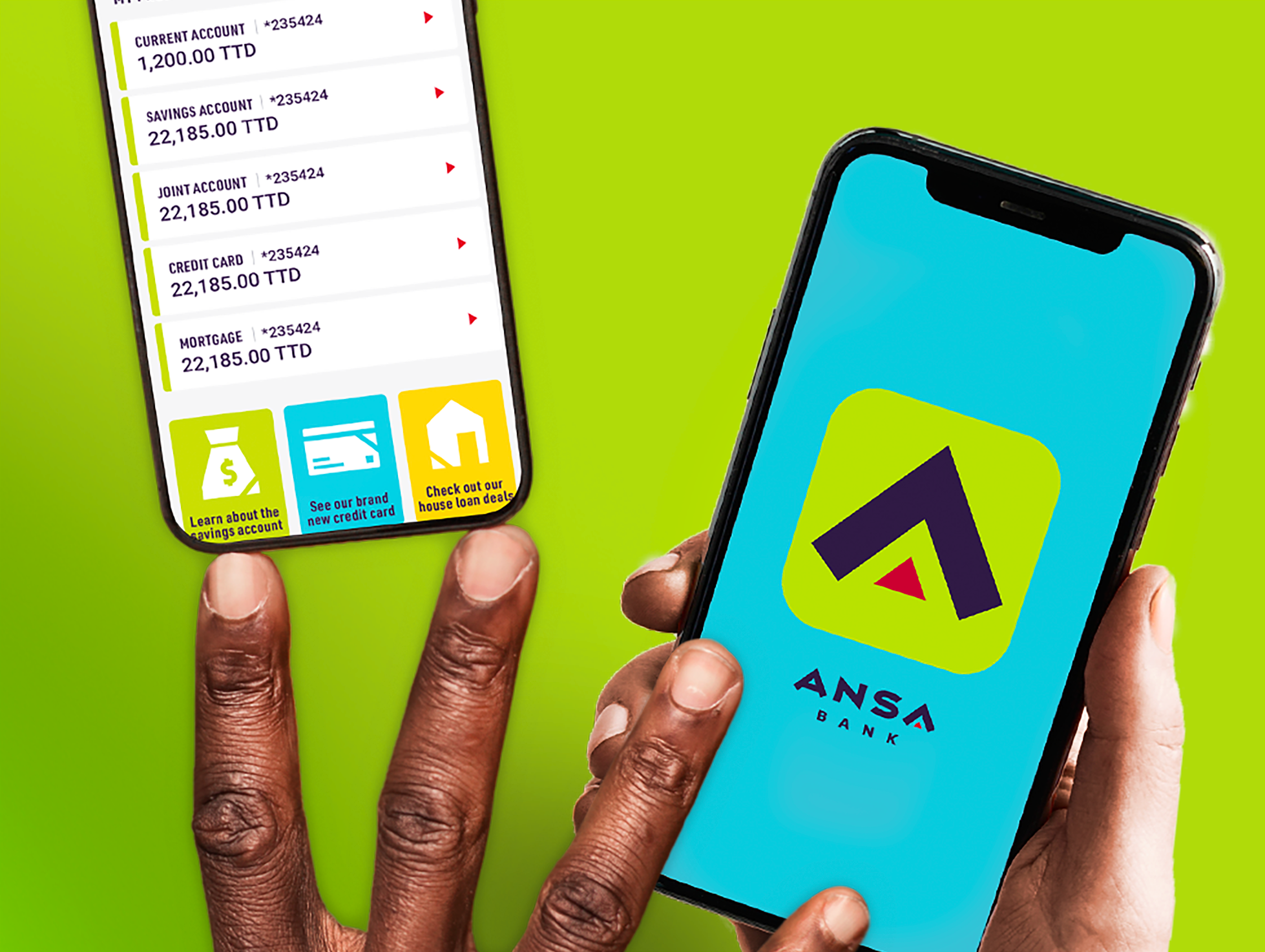 Close-up of a person holding a smartphone with the Ansa Bank logo on the screen, and a second mobile screen displaying a banking app with various account details listed.