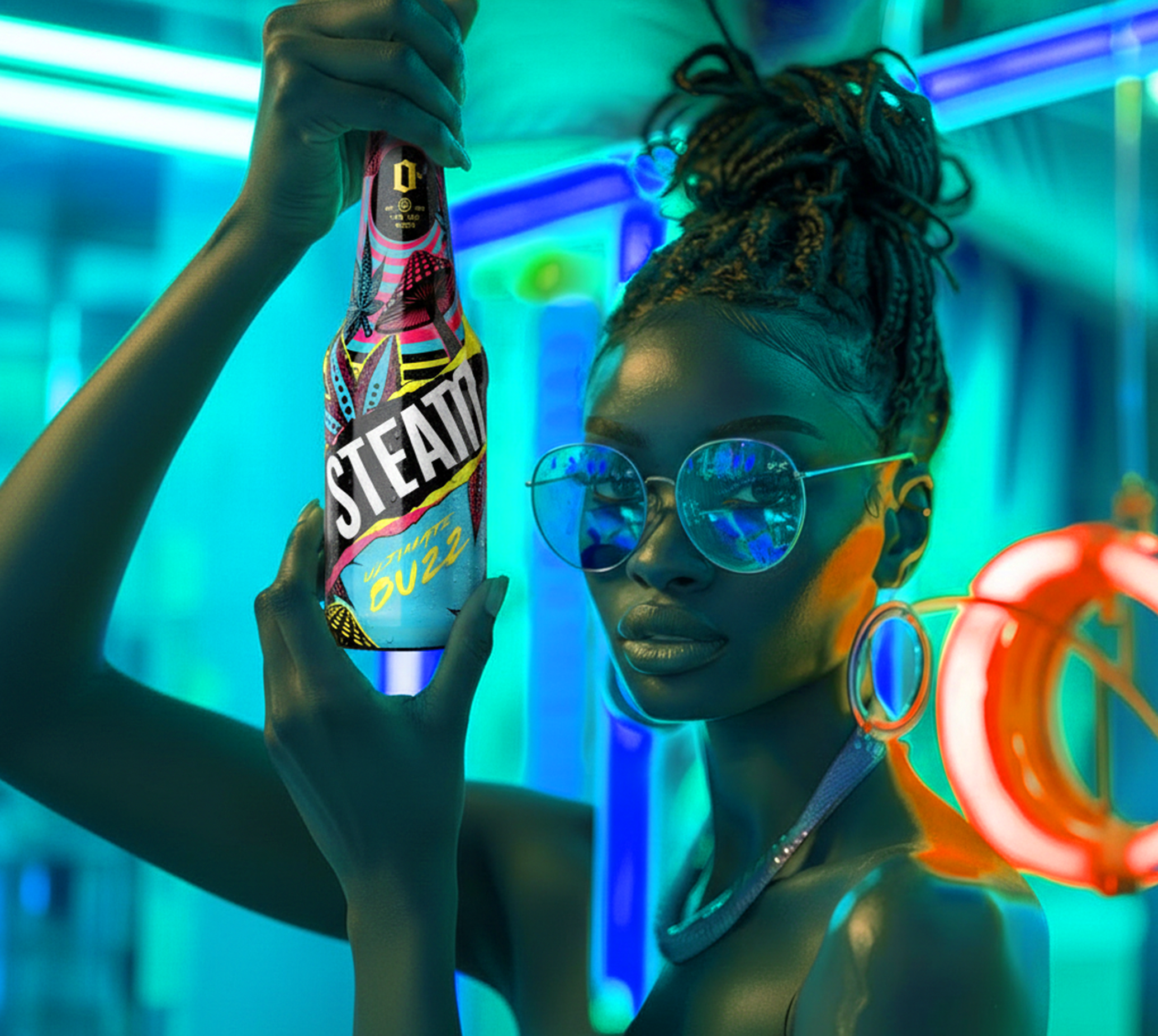STEAM RTD - A person with braids and glasses holding a brightly colored bottle with the word 'STEAM' on it, in front of a neon-lit background.