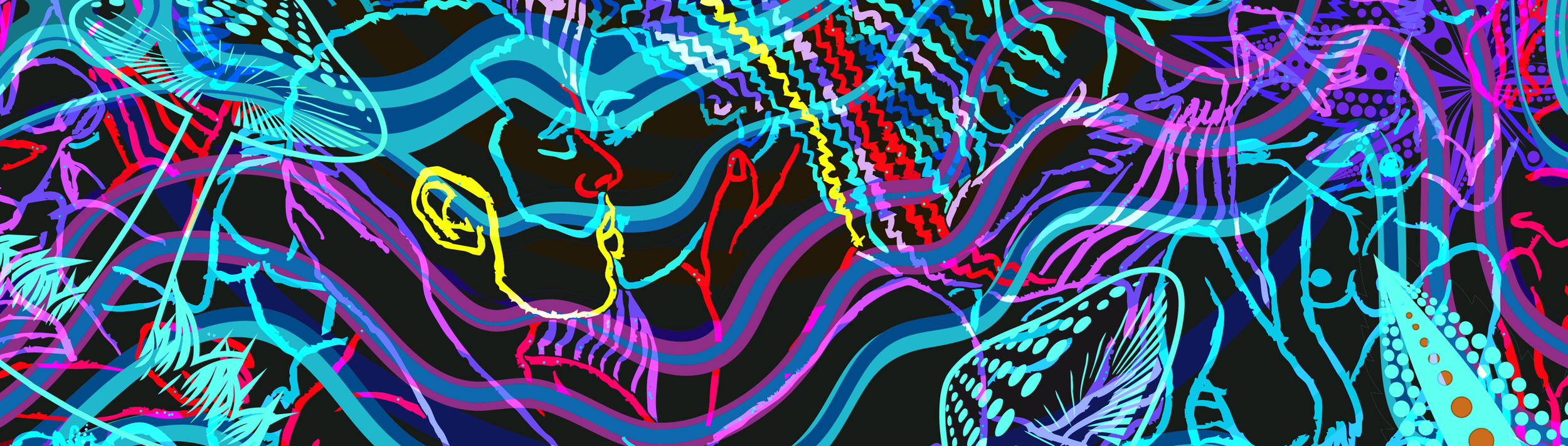 STEAM RTD - Colorful, abstract neon line art of intertwined dinosaur-like creatures and plant shapes on a black background.