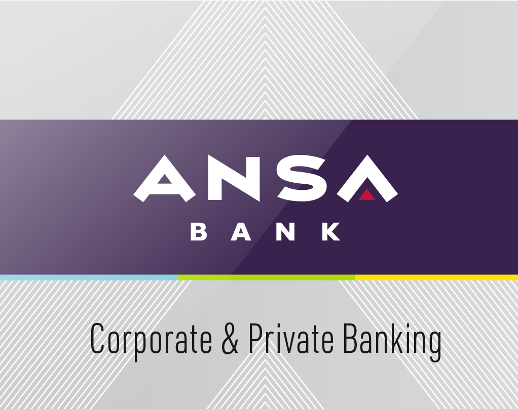 Logo for ANSA Bank with tagline 'Corporate & Private Banking' on a background with geometric patterns.