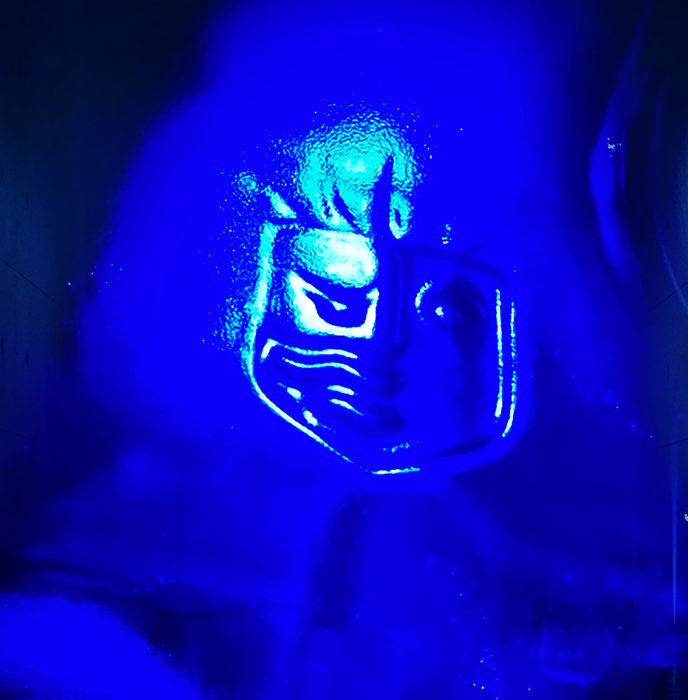 Blue neon outline of a Carib Blue embossing, showing a a shield.