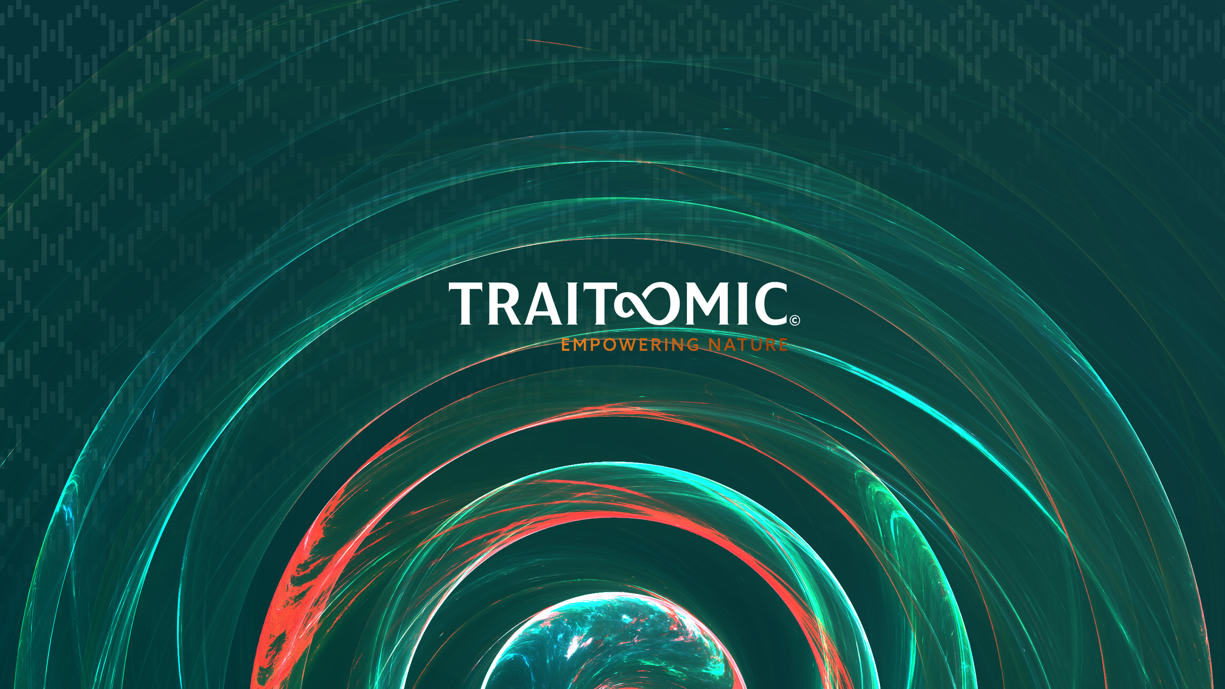 Digital artwork with swirling neon arcs in red, green, and blue colors, overlaid with a faint pattern of vertical lines and a central logo with the text 'TRAITOMIC' and 'EMPOWERING NATURE' underneath.