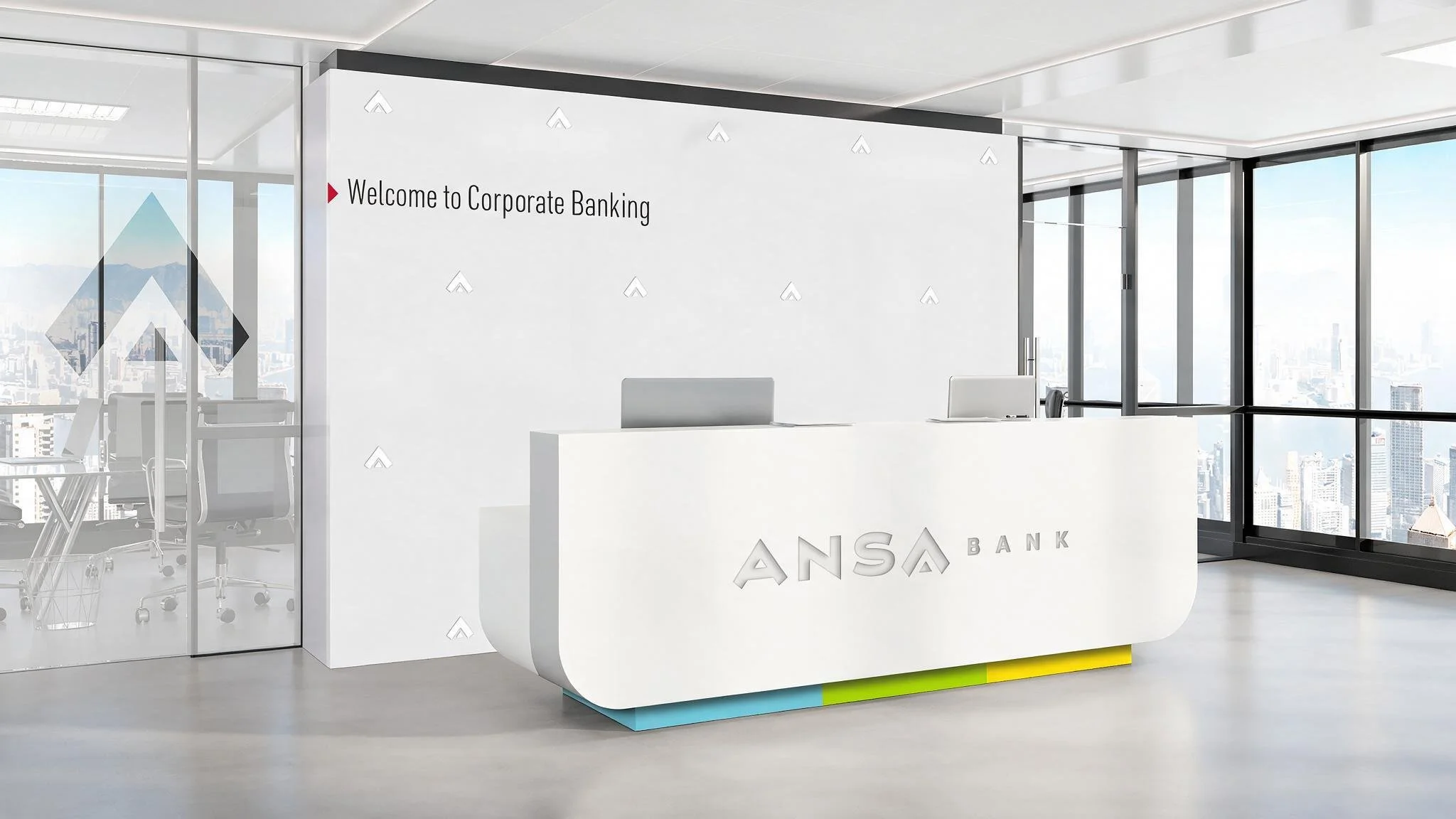 Modern bank reception area with a white dispute desk, a glass wall with graphics, and large windows showing a city skyline.
