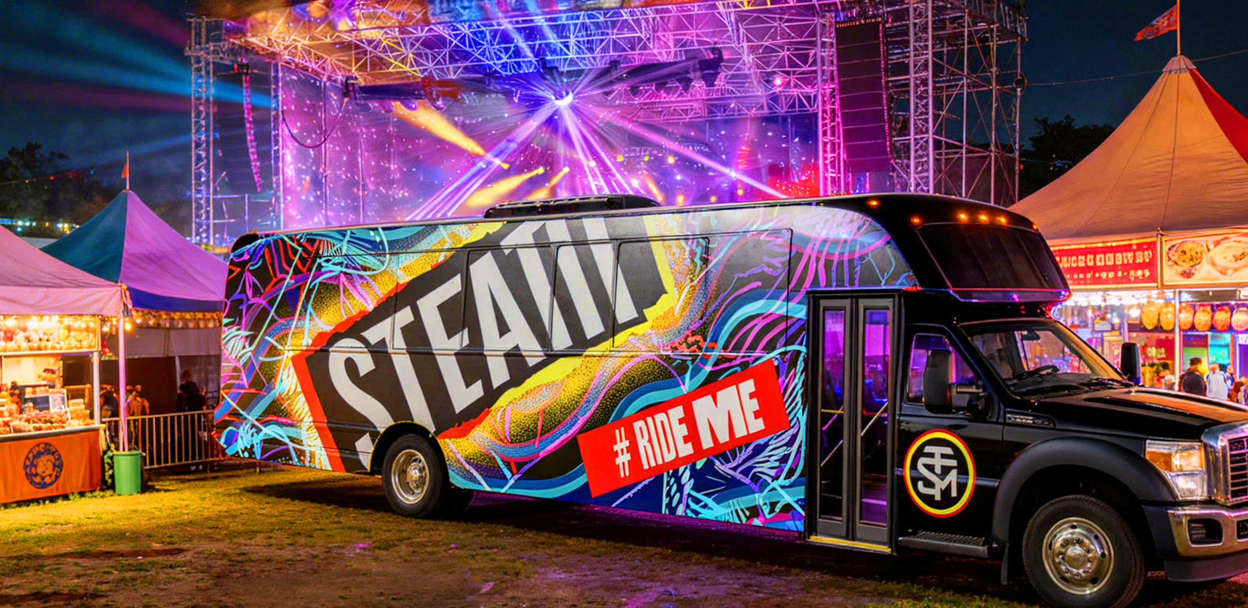 STEAM RTD - Night scene at a festival with colorful stage lighting, a decorated food stand, and a decorated van with vibrant art and the hashtag #RIDEME.