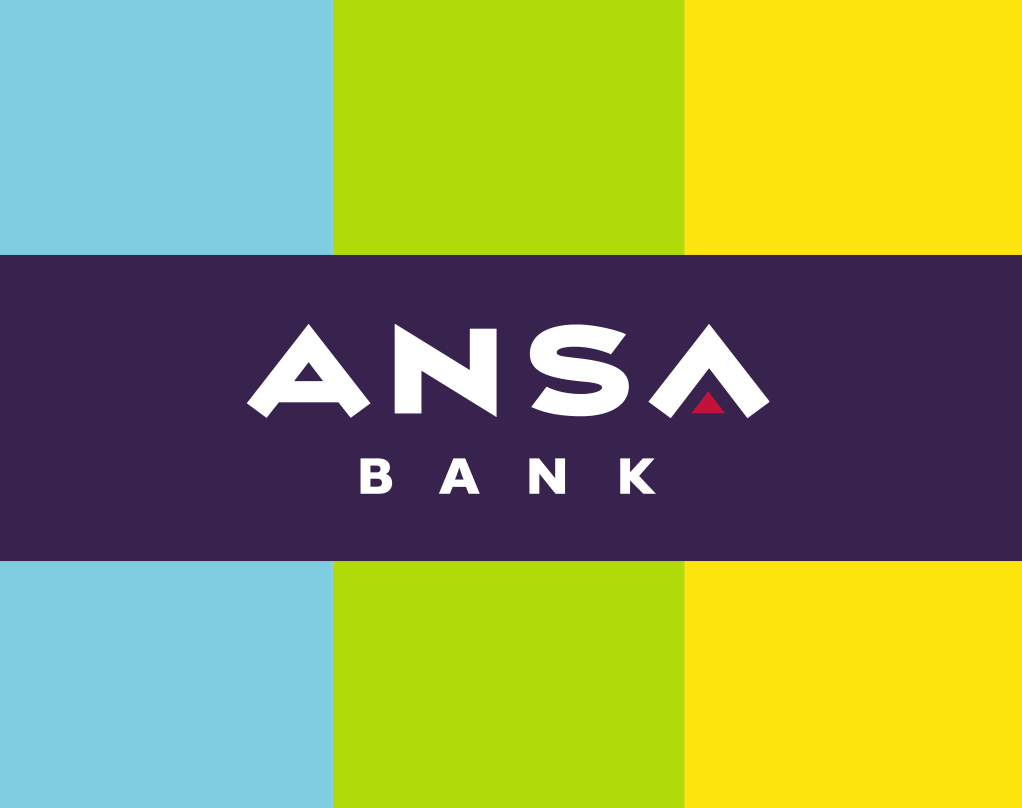 Colorful graphic with blocks of blue, green, and yellow, and a dark purple band in the middle with white text that reads 'ANSA BANK,' including a small red triangle within the letter A.