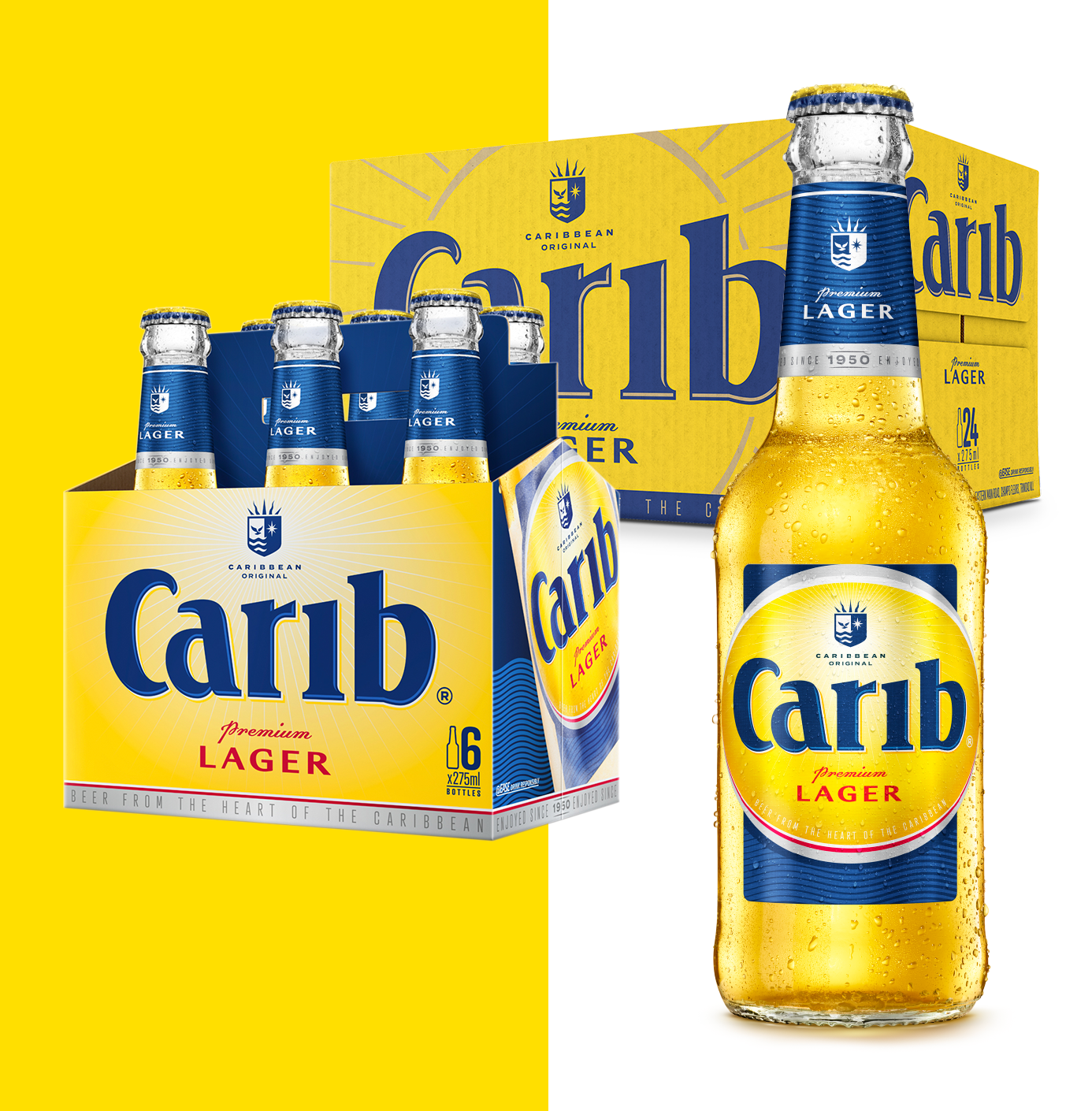 Six bottles of Caribbean Original Carib Lager beer in a six-pack holder, with one bottle in front, all sealed with caps, and a yellow and blue packaging box behind them.