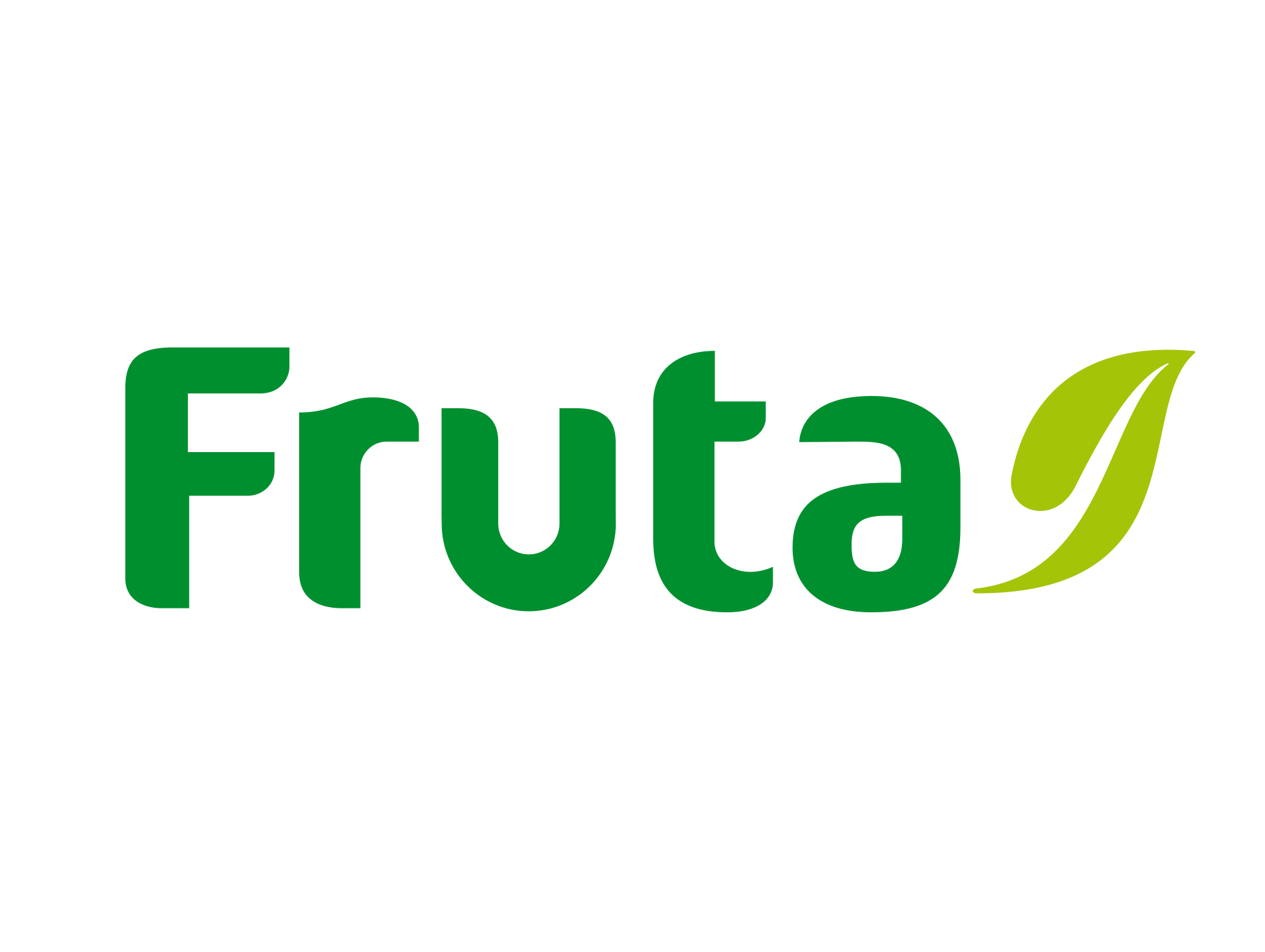 A logo for Fruta Juice in green letters and a green leaf next to it.