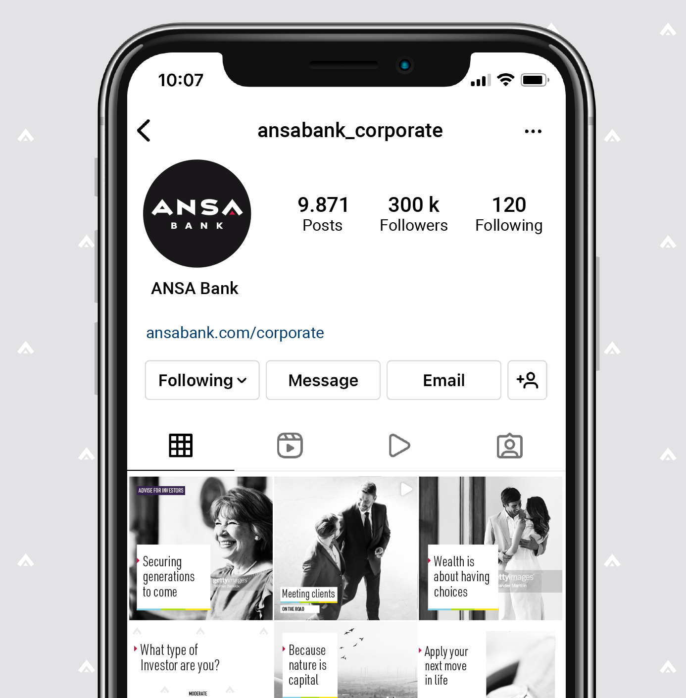 Screen showing an Instagram profile of Ansabank with profile picture, follower and following counts, and portfolio posts.