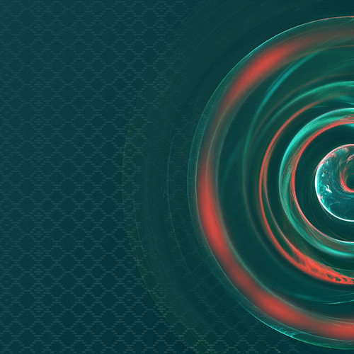 Digital abstract artwork with concentric circular patterns and vibrant teal, red, and white colors.