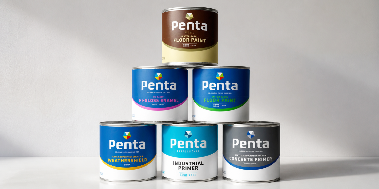 Six cans of Penta brand paints and primers arranged in a pyramid, with a white wall background. The cans include water-based floor paint, hi-gloss enamel, weather shield acrylic copolymer emulsion, industrial primer, concrete primer, and wood floor p