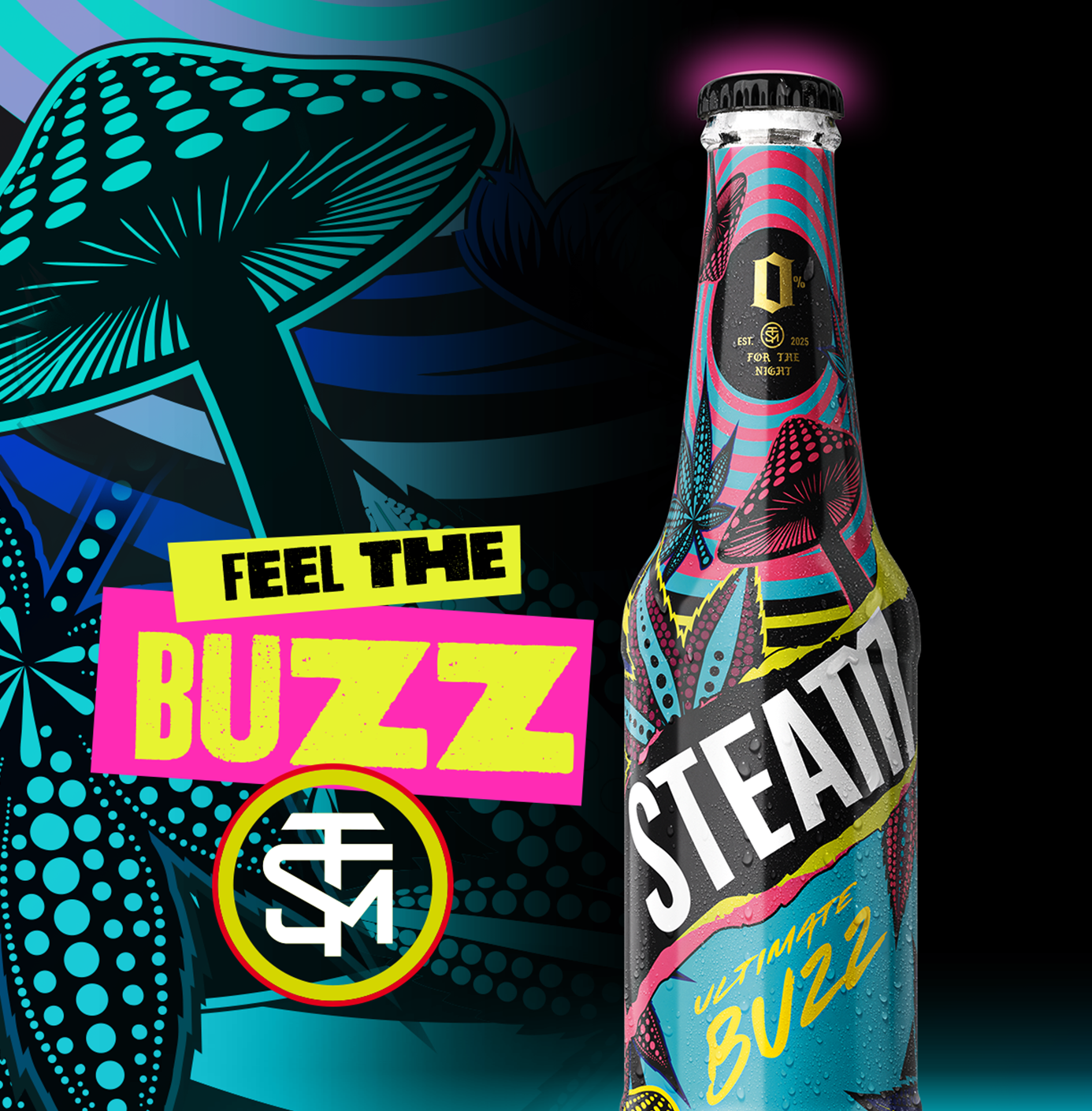 A colorful bottle labeled 'STEAM' featuring a soda bottle with a vibrant, psychedelic pattern of mushrooms and butterflies. The label reads "STEAM Buzz" with the tagline "Feel the Buzz" in bold, neon colors.