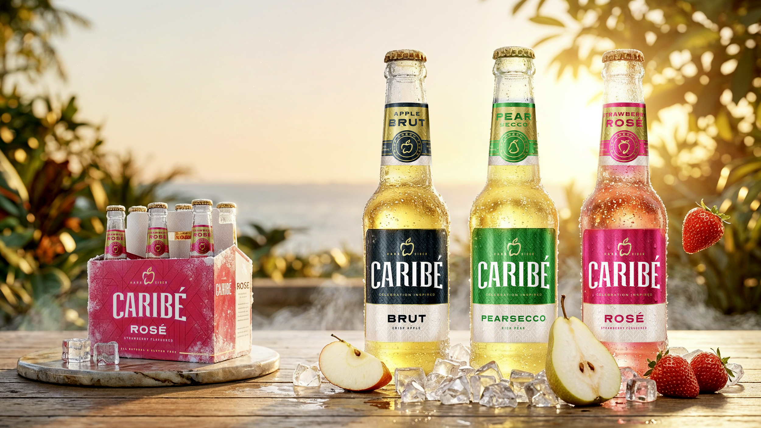 Three bottles of Caribe cider flavors, including Brut, Pearsecco, and Rosé, set outdoors on a wooden surface with strawberries, pear slices, and ice cubes, with sunlight and foliage in the background.