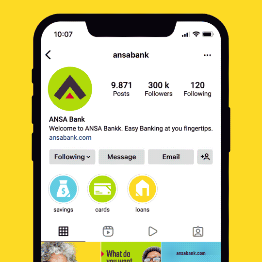 Instagram profile page of ANSA Bank with a green and black logo, showing 9,871 posts, 300,000 followers, 120 following, and icons for savings, cards, and loans.