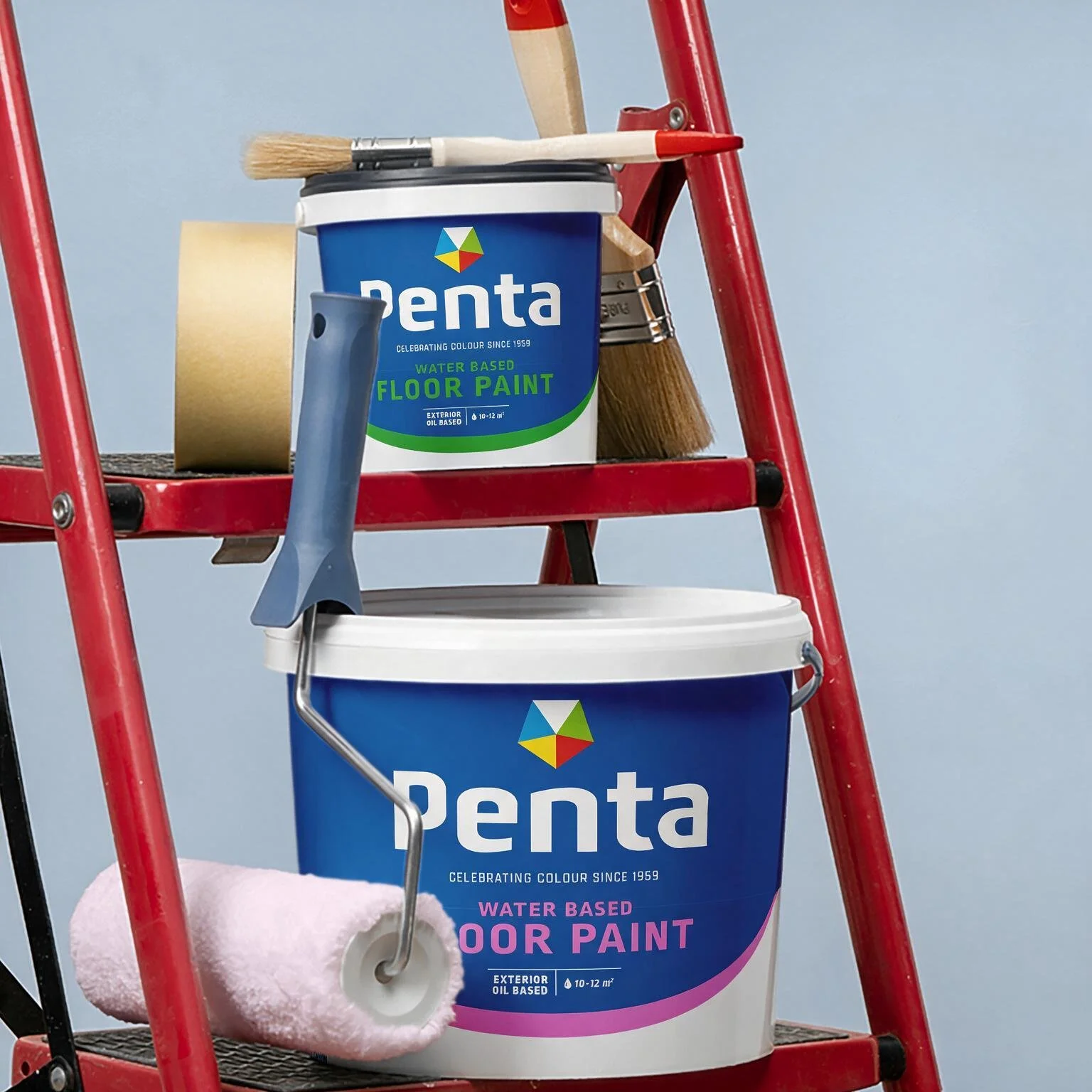 Paint cans labeled Penta water-based floor paint placed on a red step ladder, with paint brushes, painter's tape, and a paint roller on the ladder.