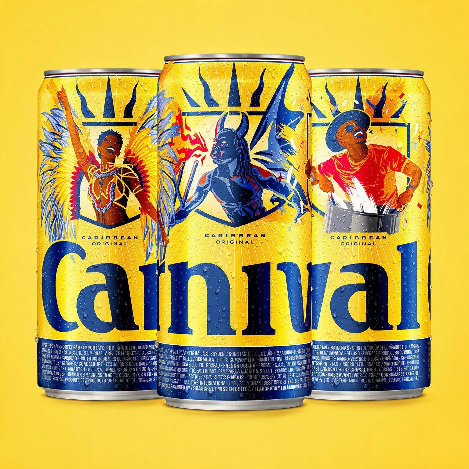 Three cans of Carib beer with colorful, artistic illustrations of Caribbean Carnival culture and musical themes on a yellow background.
