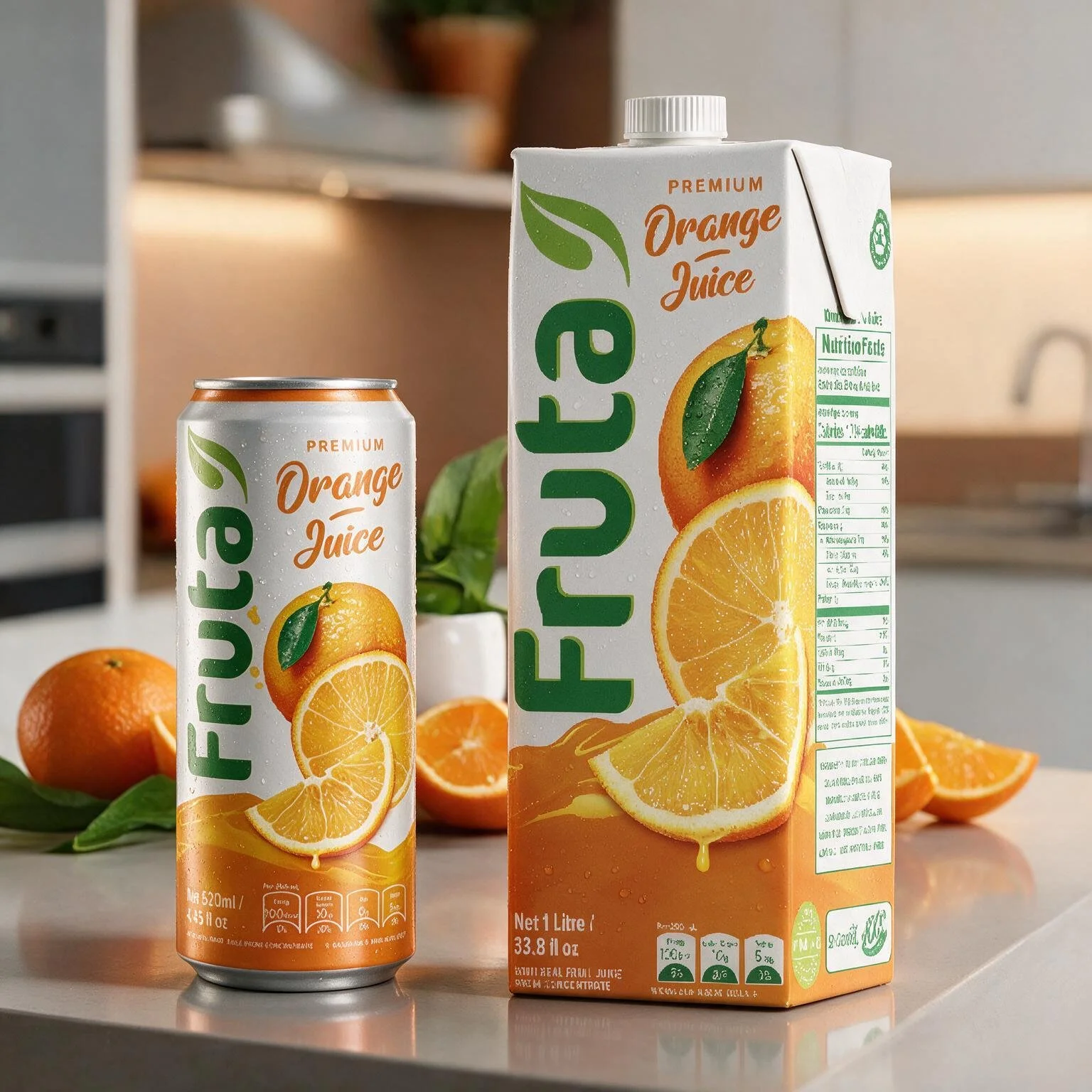 A carton and a can of Fruta orange juice, with fresh oranges in the background on a kitchen countertop.