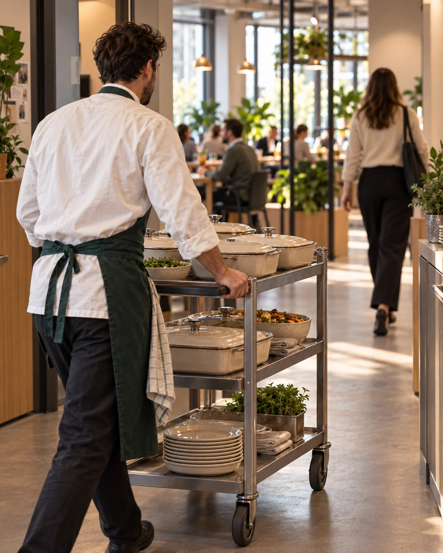 Kok rijdt de lunchtrolley naar de eetruimte