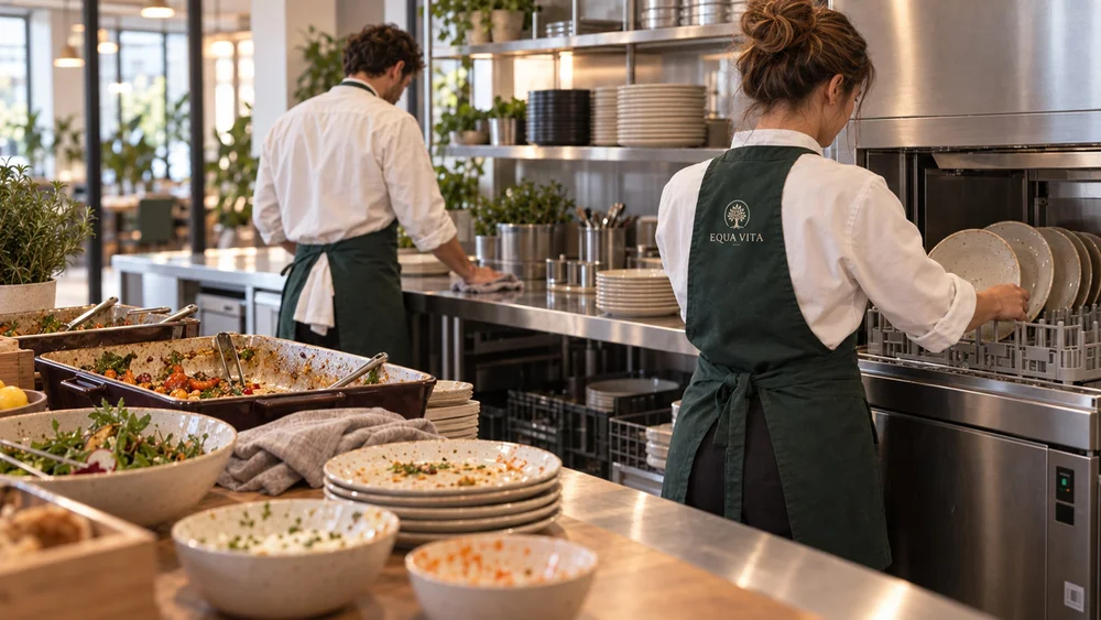 Kok maakt de keuken schoon na de lunchservice