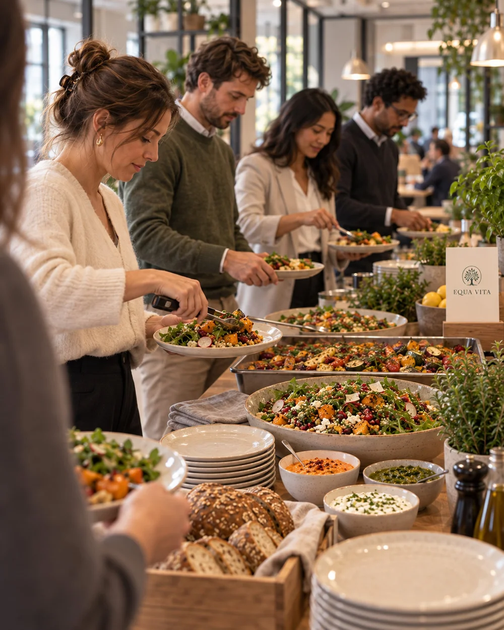 Medewerkers scheppen op bij het lunchbuffet