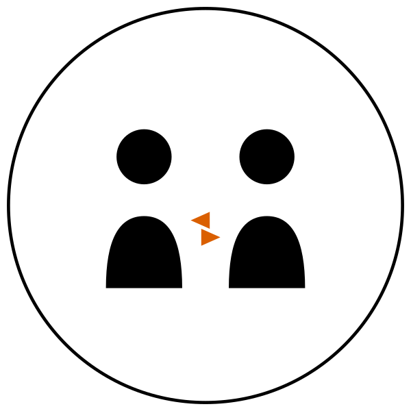 A round white icon with two stylized black human figures and a small orange triangular shape between them, representing a meeting or collaboration.
