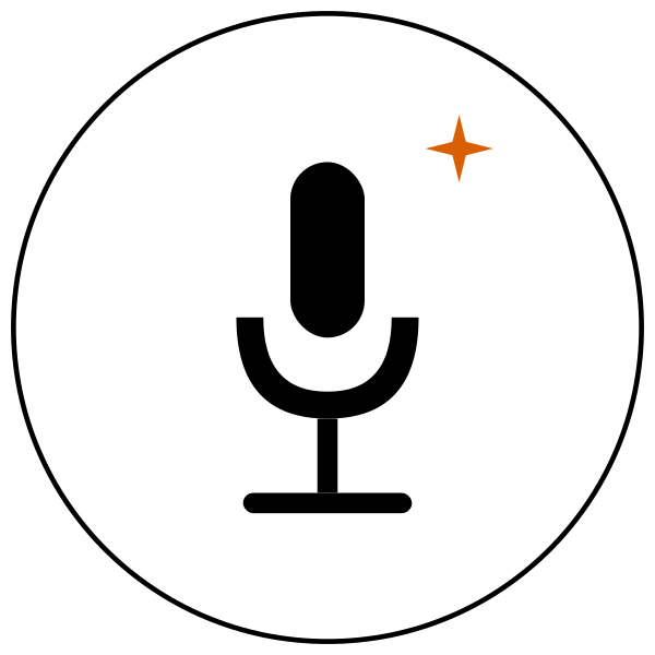 Icon of a microphone with a small orange star in the upper right corner. represents the delivery of a presentation or speech.