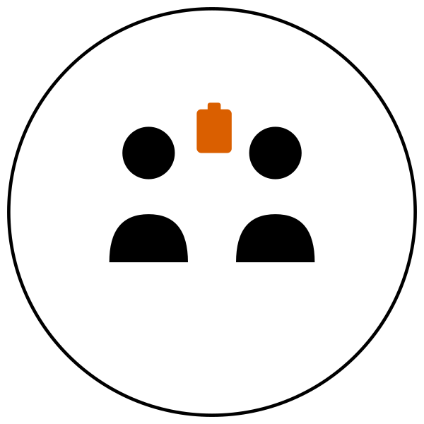 Icon of two people with a notebook symbol above them, suggestive of a job interview setting.