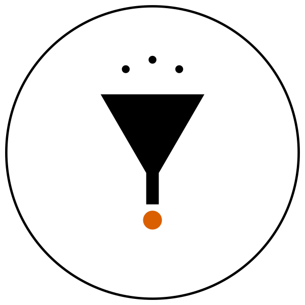 An inverted triangular shape with 3 small dots at the top representing complex information and a small orange dot at the bottom, representing a simplified distillation of this information.