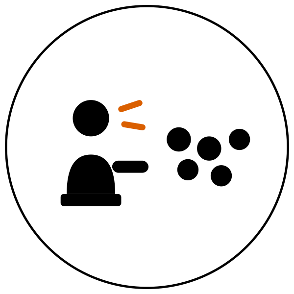 A stylized icon showing a person speaking to an audience, represented by small circles.