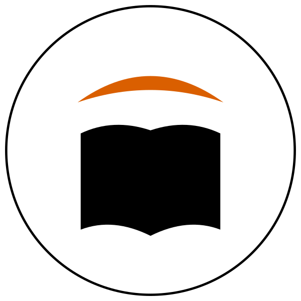 Icon of an open book with an orange arc above it, inside a white circle with black outline. represents storytelling.
