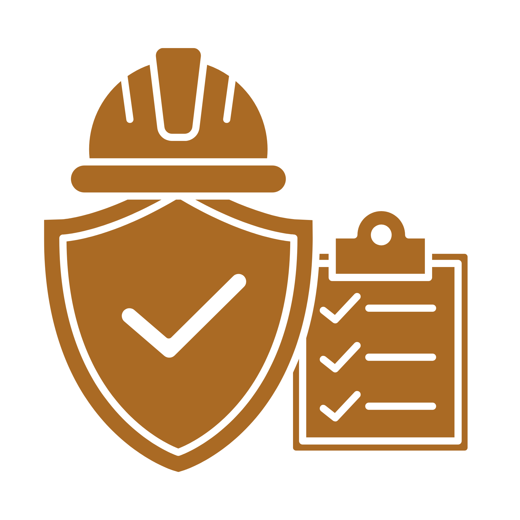 Graphic illustration of a brown hard hat with check marks and a QR code.