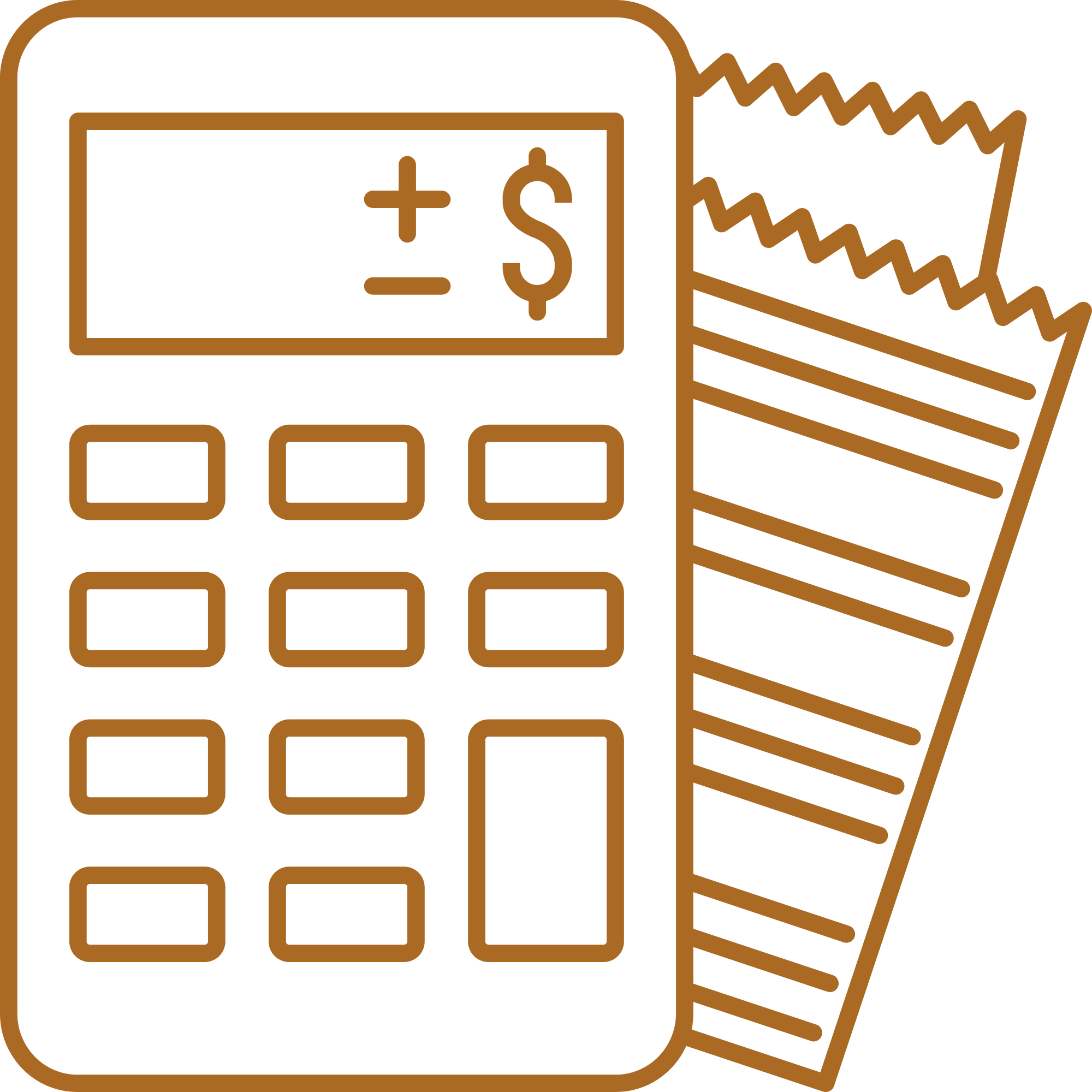 A line drawing of a calculator, a receipt, and a cash register with a plus sign and dollar symbol.