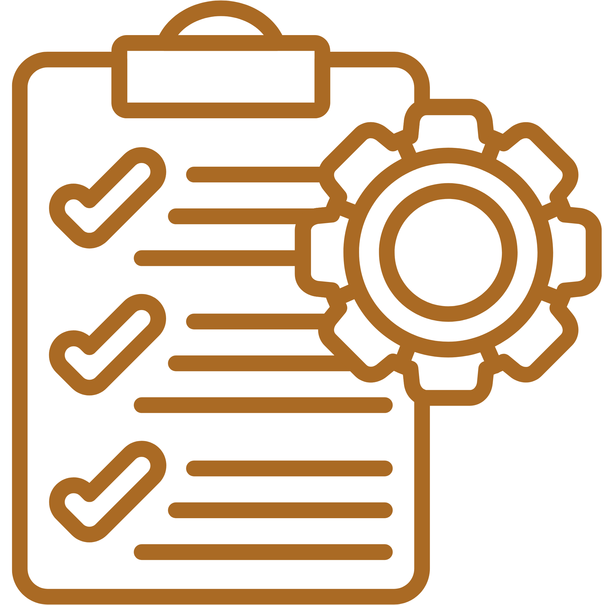 Outline of a car, gear, and checklist icon in brown.