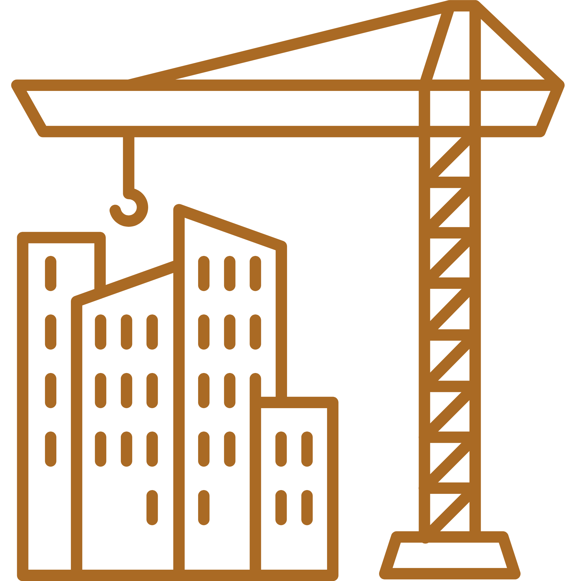 Outline drawing of a construction crane and building framework in brown.