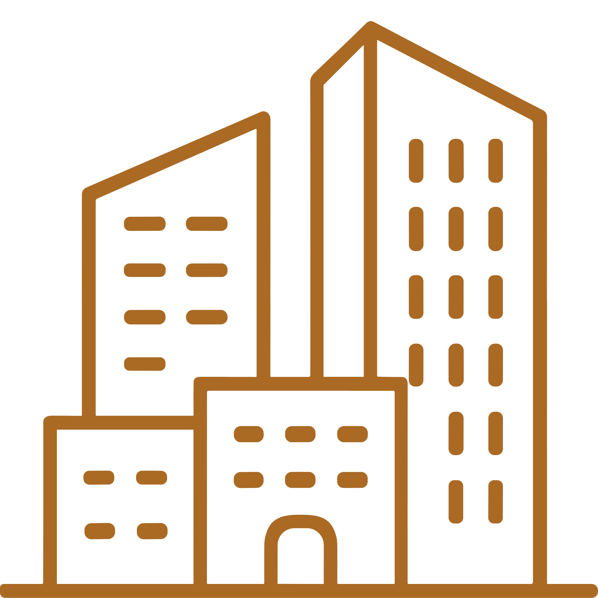 Outline of different types of buildings, including residential and commercial structures, in brown color on a black background.