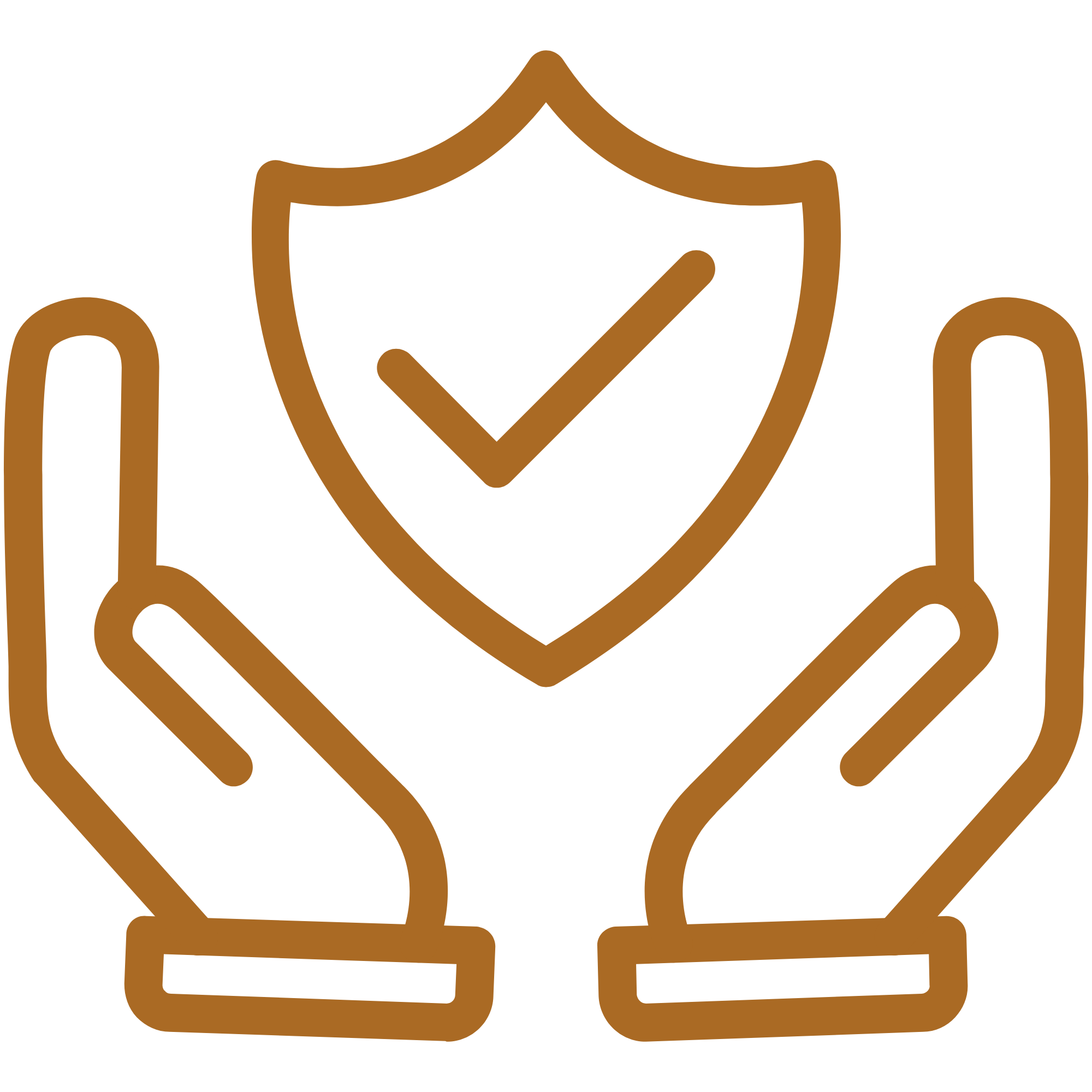 A simple line drawing of a shield with a check mark inside, flanked by two open hands.