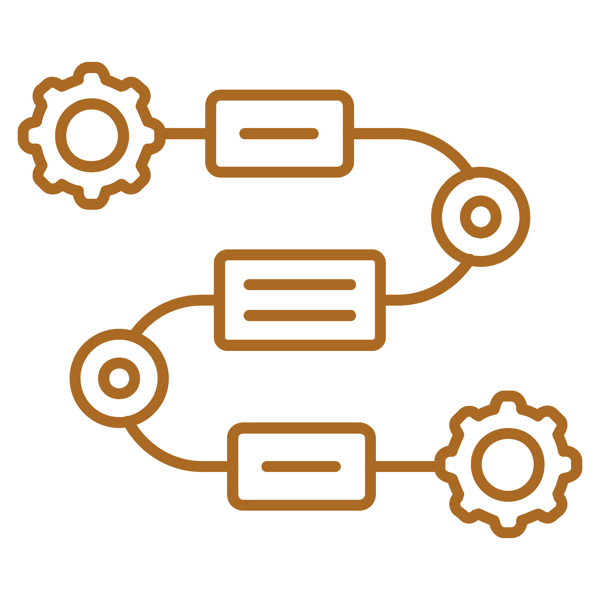 Line art illustration of a gear, a computer mouse, and connected network nodes.