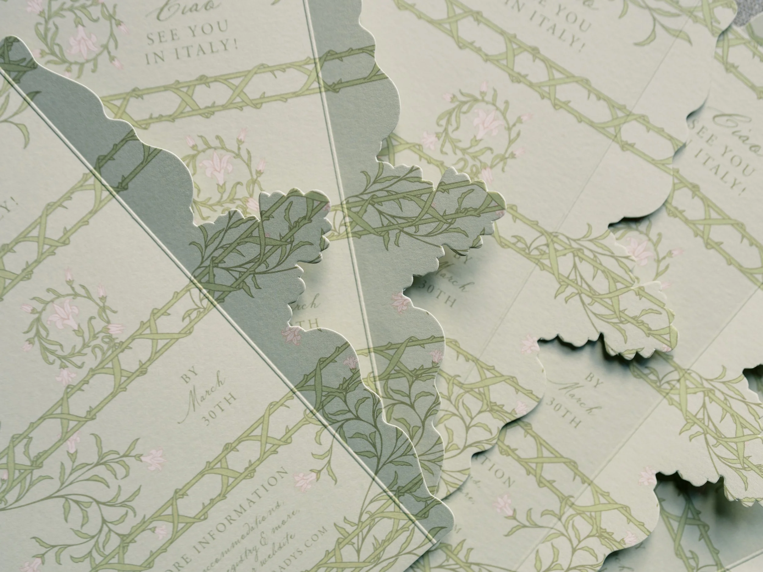 Custom illustrated wedding stationery with “See you in Italy” details created by Merci Studio for a destination celebration.