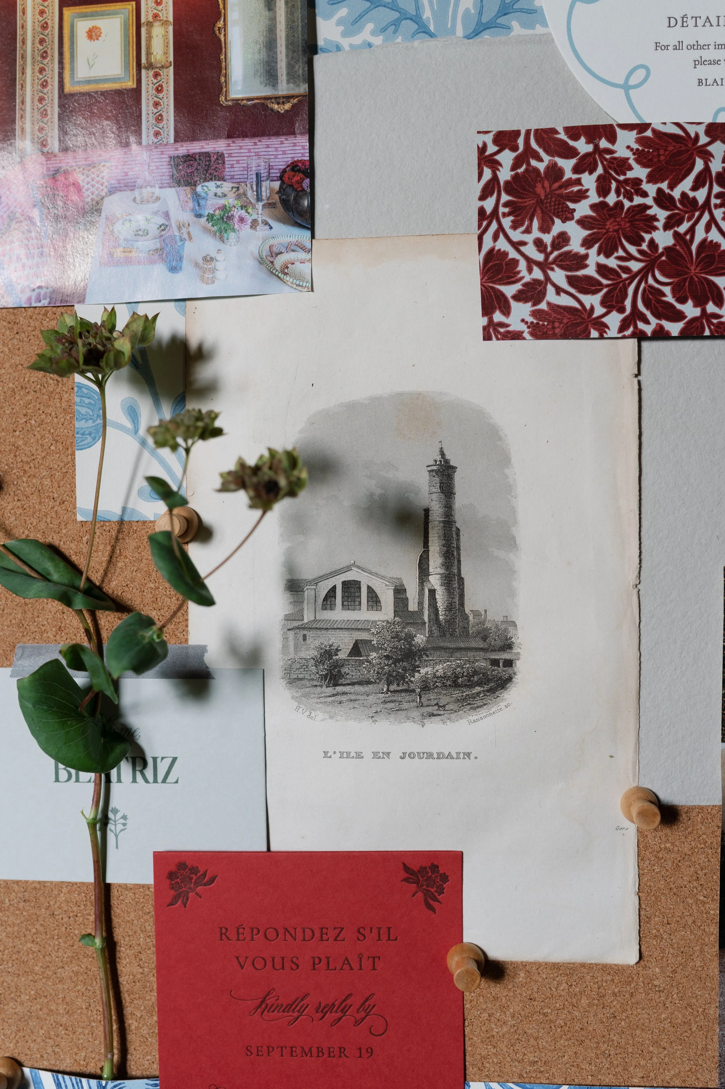 Merci Studio inspiration board with vintage postcards, illustrations, patterns, and collected paper ephemera.