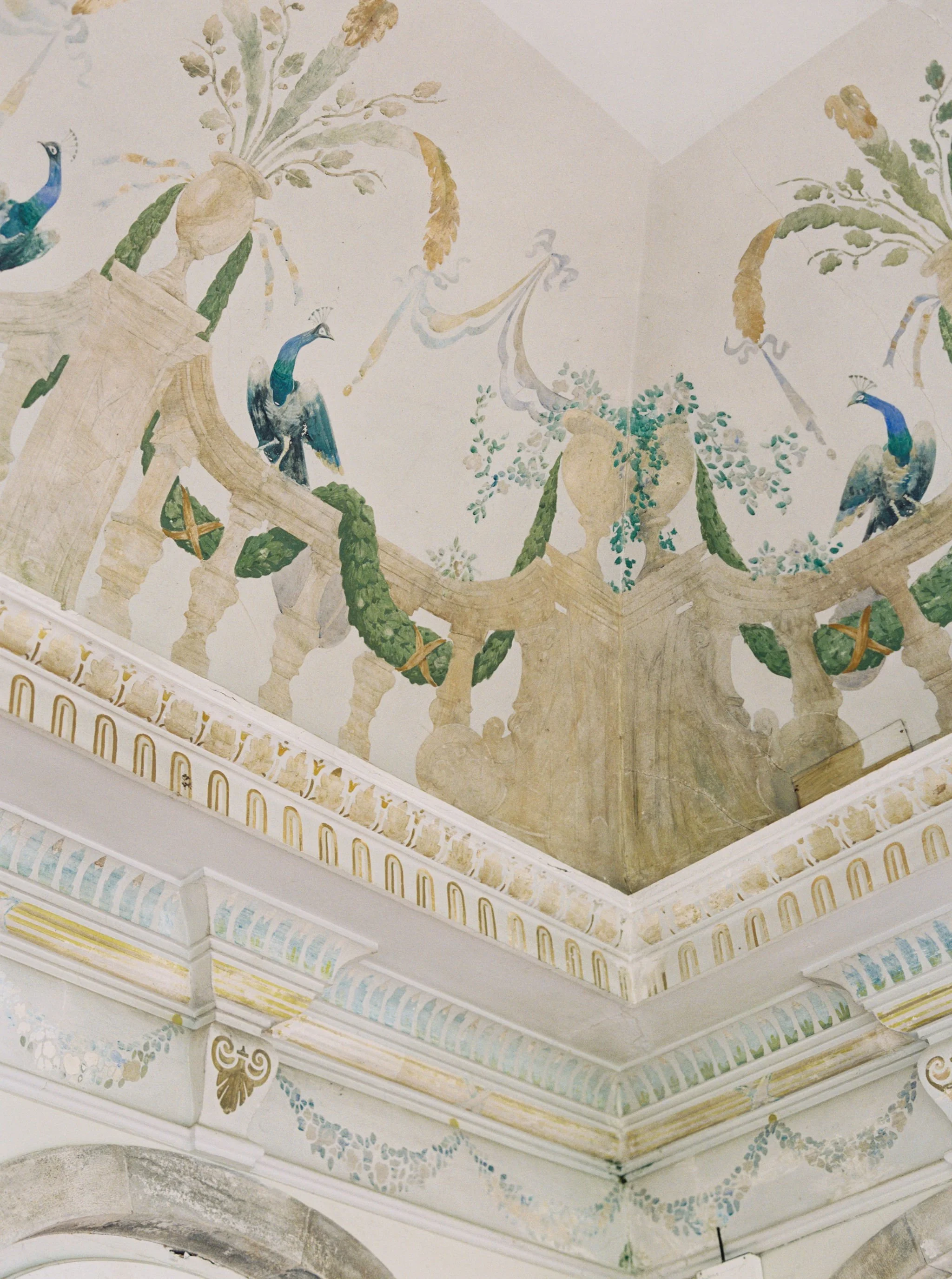 Historic painted ceiling with peacock and floral motifs used as inspiration for custom wedding artwork.