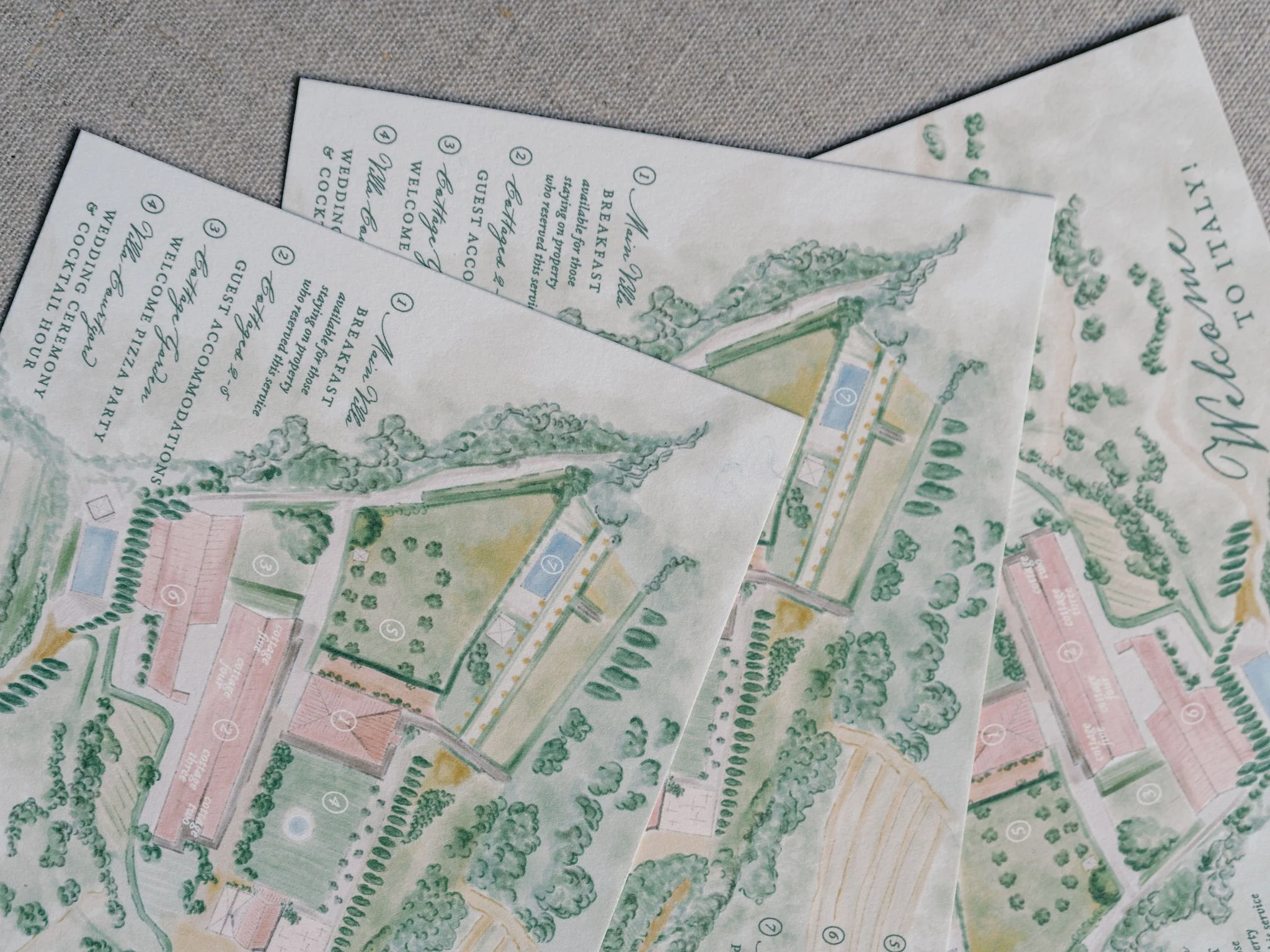 Custom illustrated wedding map created by Merci Studio for bespoke event branding.