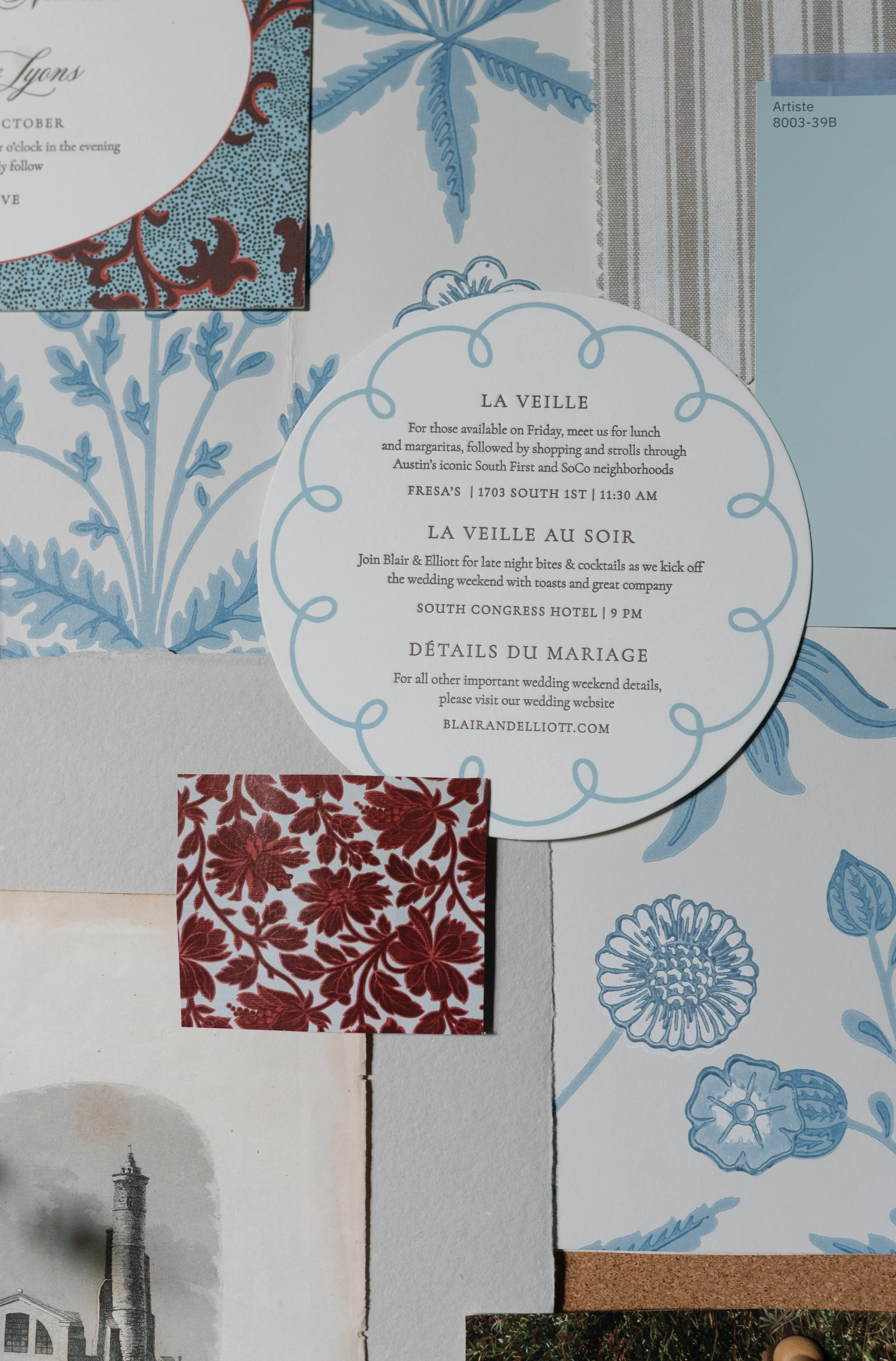 Merci Studio moodboard with vintage ephemera, patterns, illustrations, and references for custom event branding.