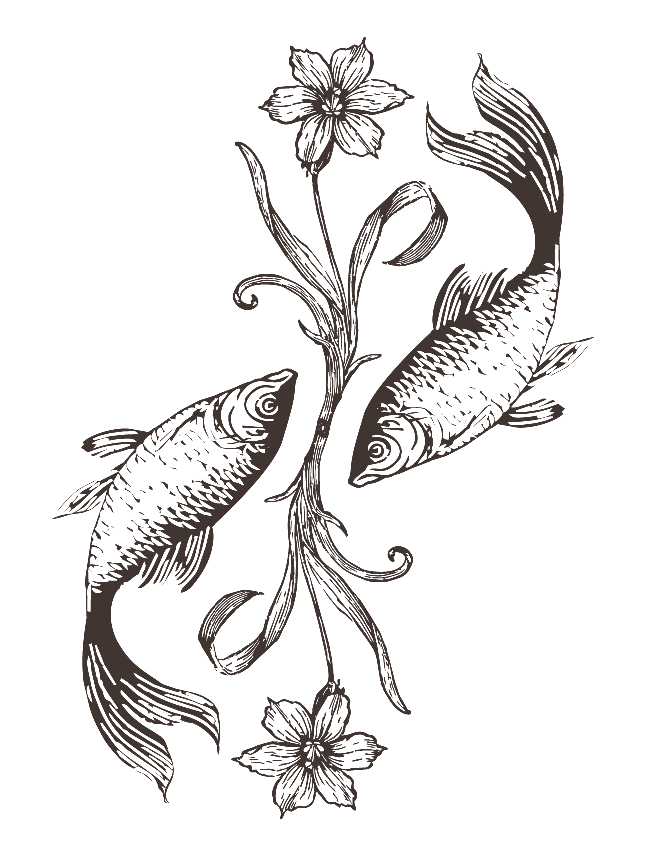 Custom hand-drawn fish and floral illustration created by Merci Studio for event branding.