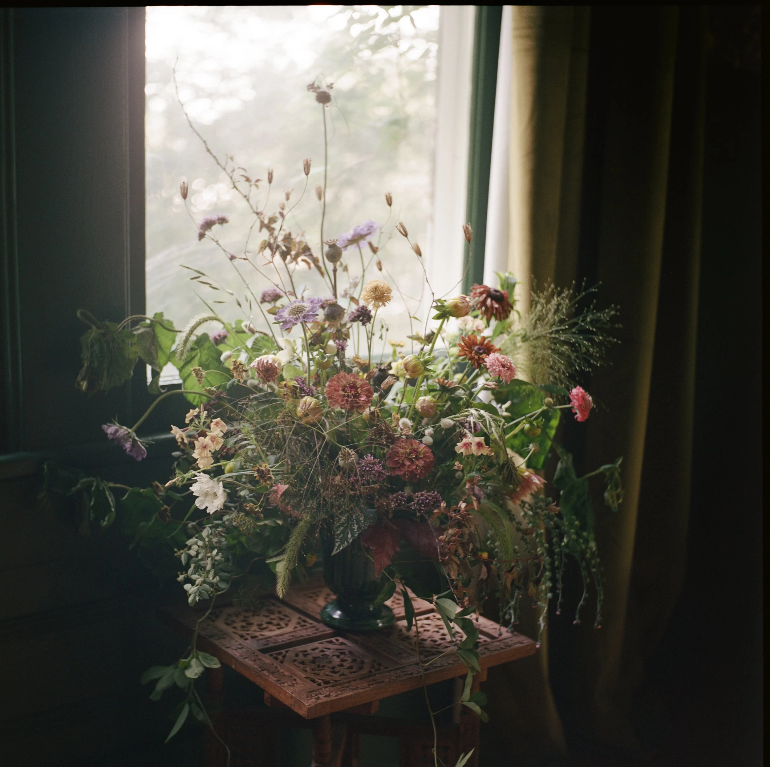 Collected flowers and botanical references in the Merci Studio creative space.