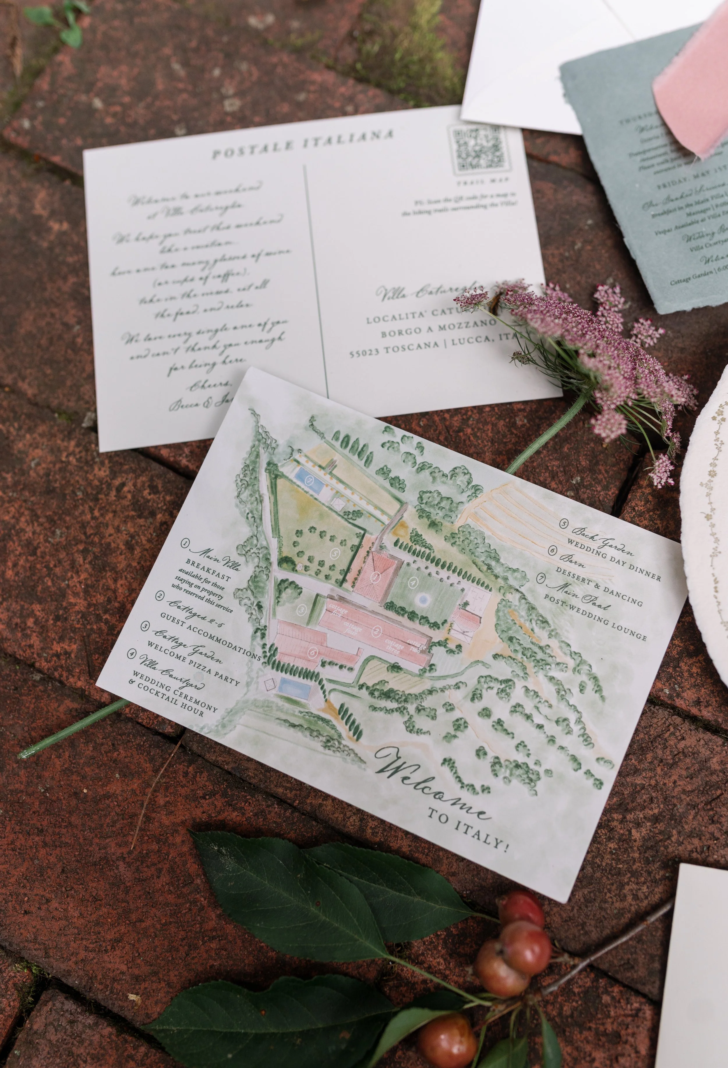 Bespoke wedding invitation suite and custom illustrated maps designed by Merci Studio.