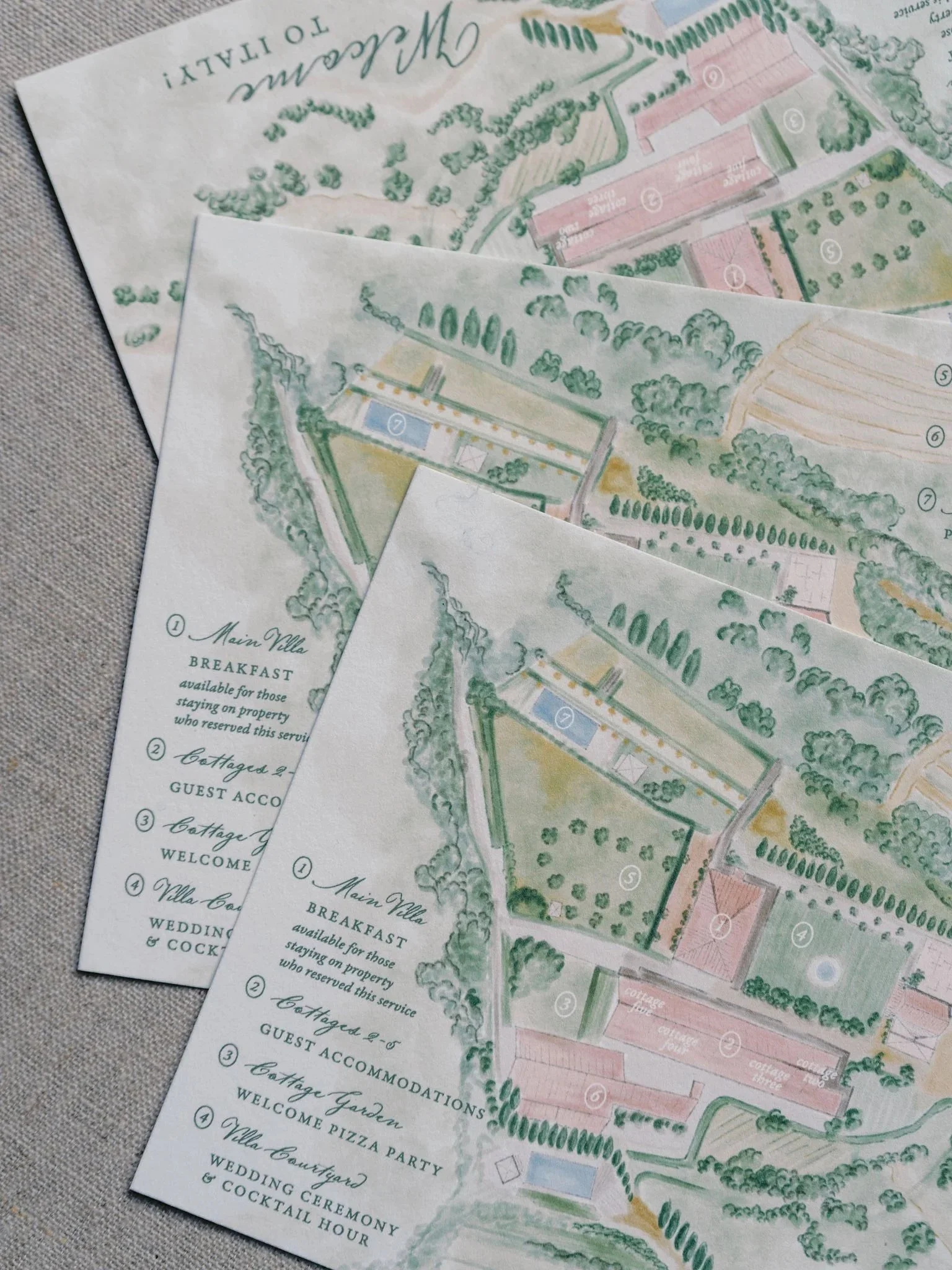Custom illustrated wedding venue map designed by Merci Studio with the villa, gardens, and celebration spaces.