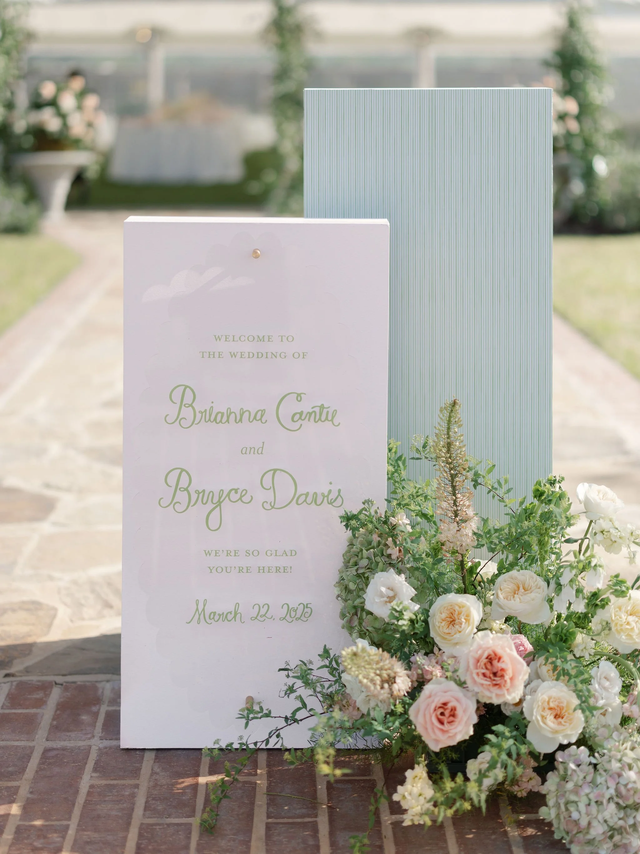 Custom wedding welcome signage designed by Merci Studio for Brianna and Bryce’s Texas Hill Country celebration.