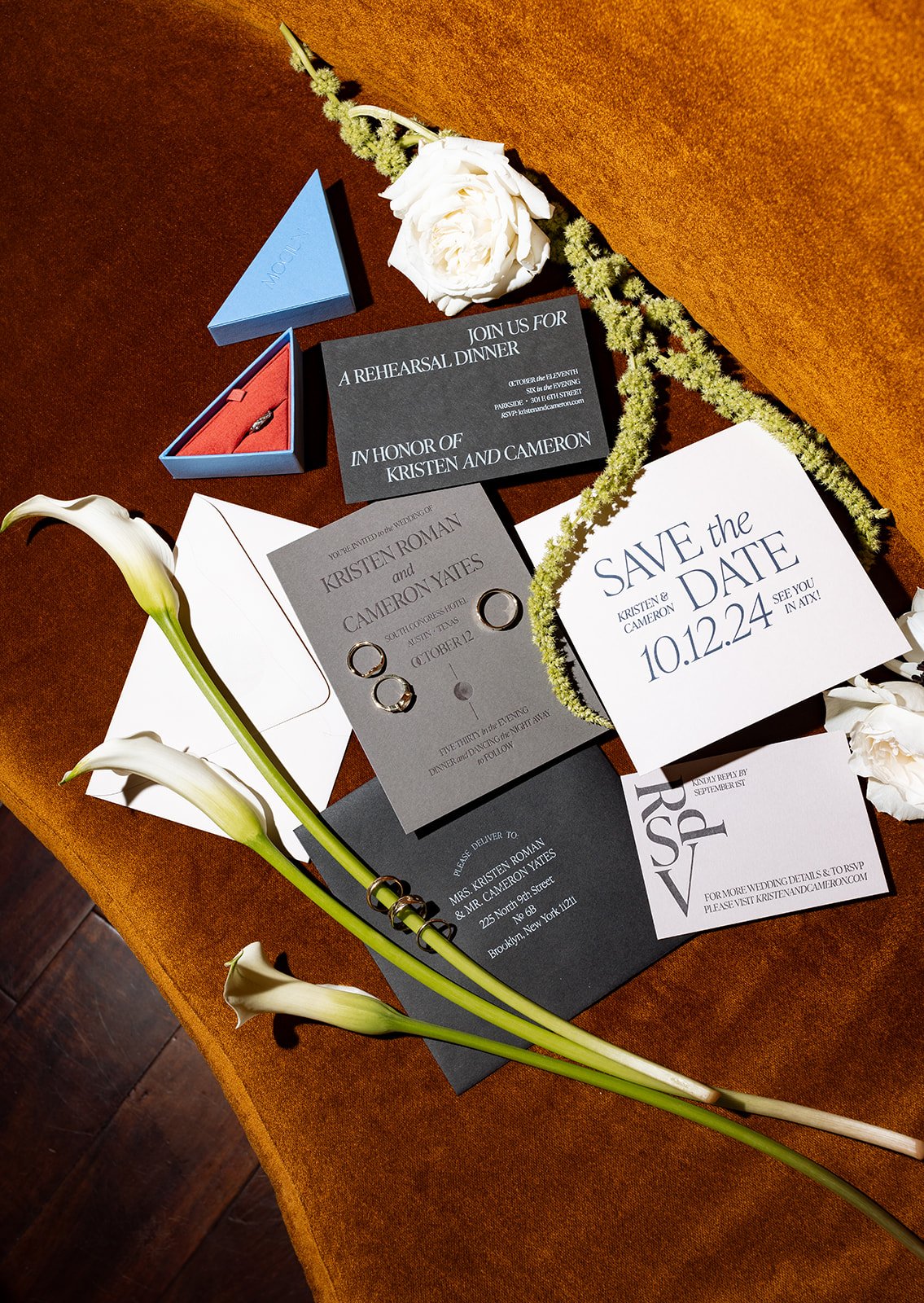 Bespoke wedding invitation suite with custom paper details and botanical styling by Merci Studio.