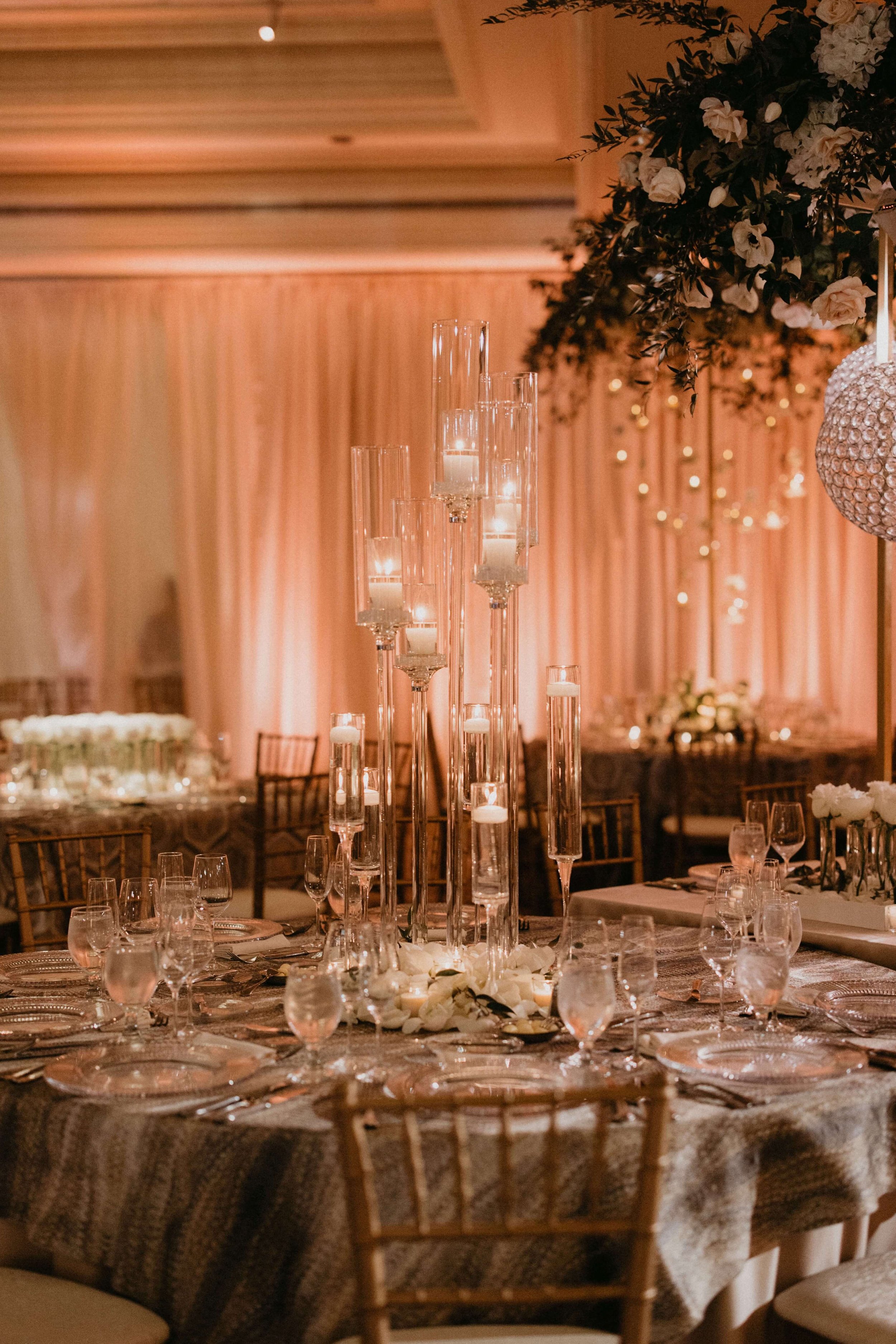 Private event venue with colorful uplighting and event decor in Pittsburgh