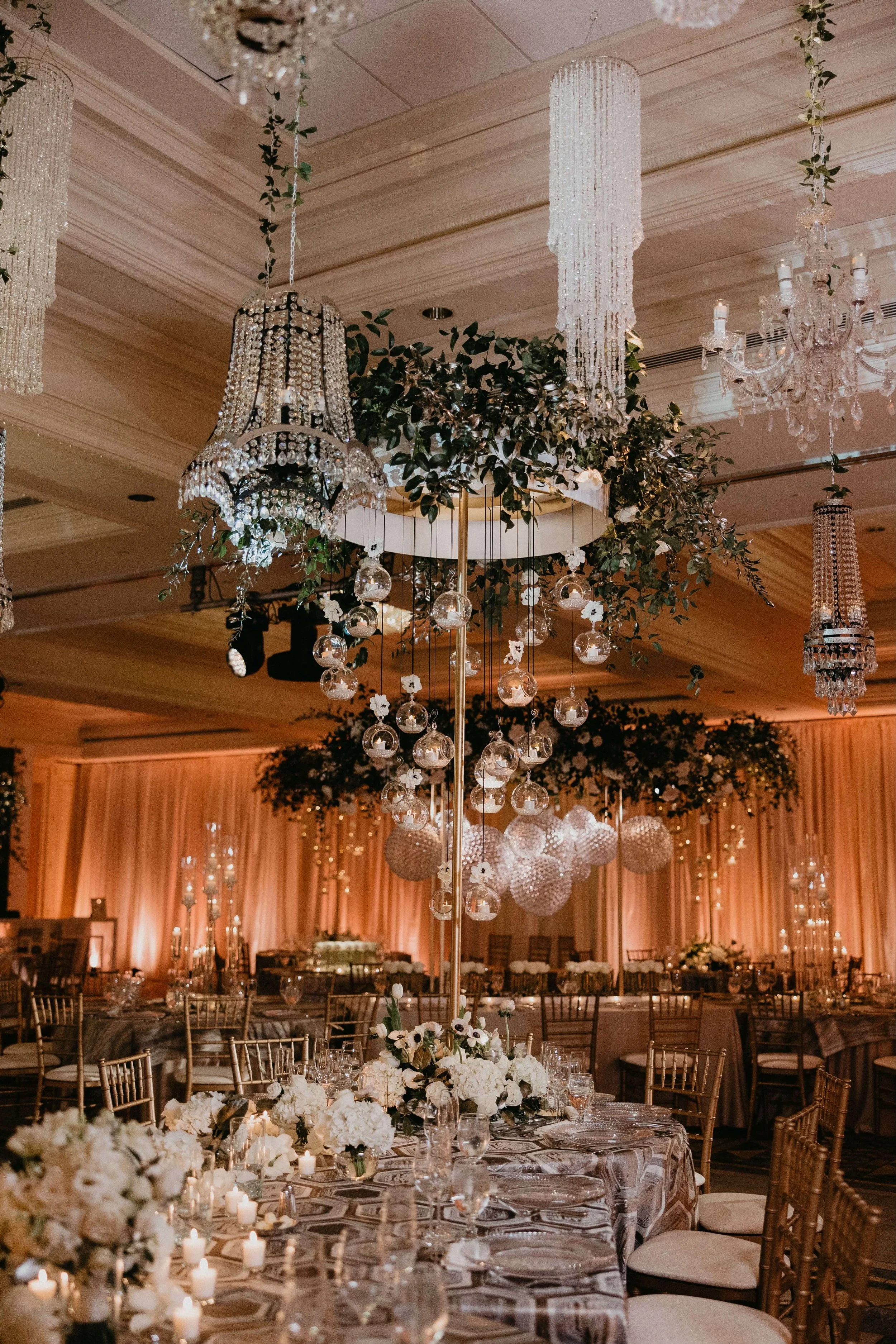 Uplighting lighting the walls of an opulent wedding reception at Nemacolin near Pittsburgh, PA.