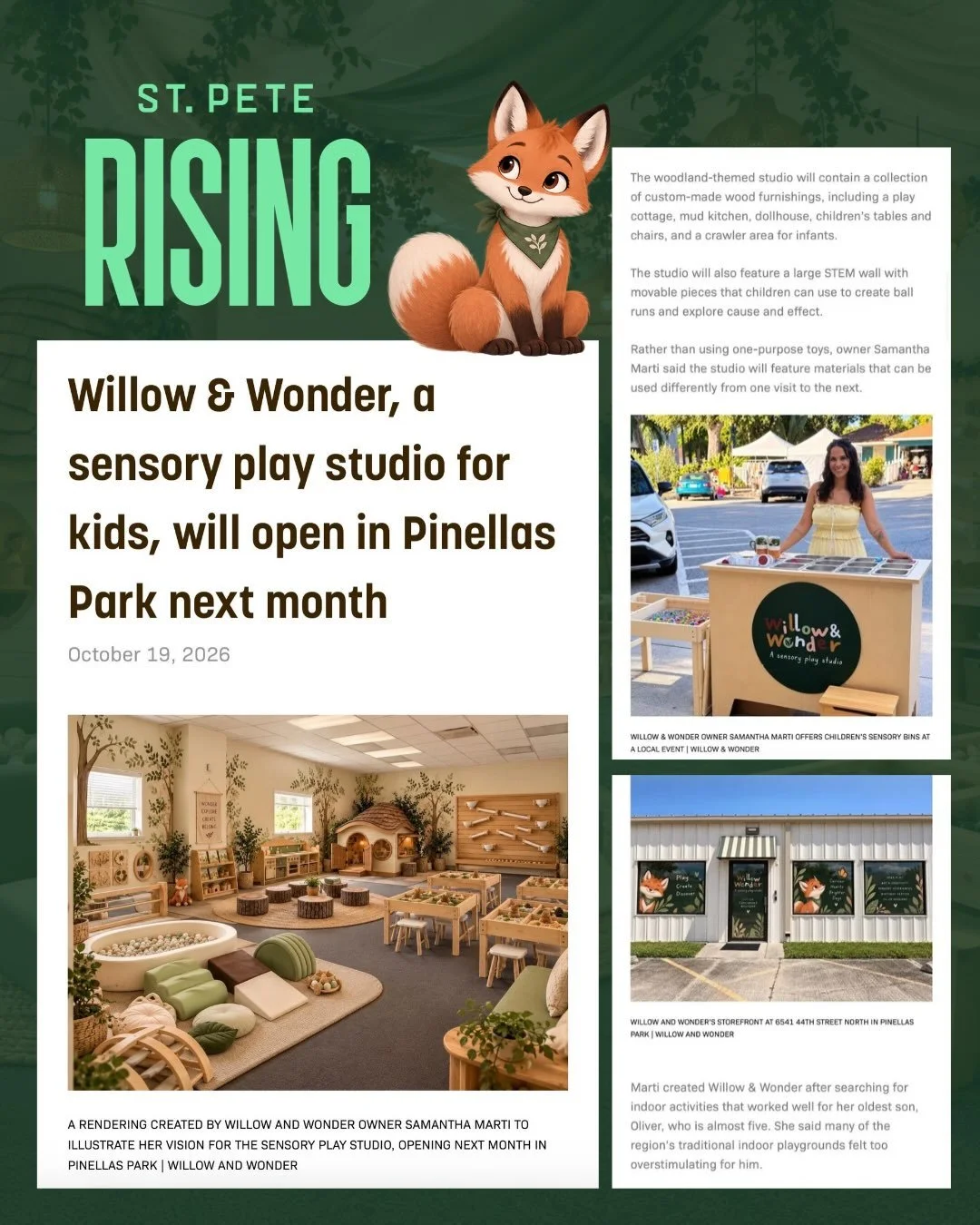 🦊🌿 EXTRA! EXTRA! Willow &amp; Wonder is making headlines! 📰✨

We are beyond excited to share that Willow &amp; Wonder was featured in St. Pete Rising! 🤎

What started as a little dream inspired by my own son&rsquo;s journey is becoming something 